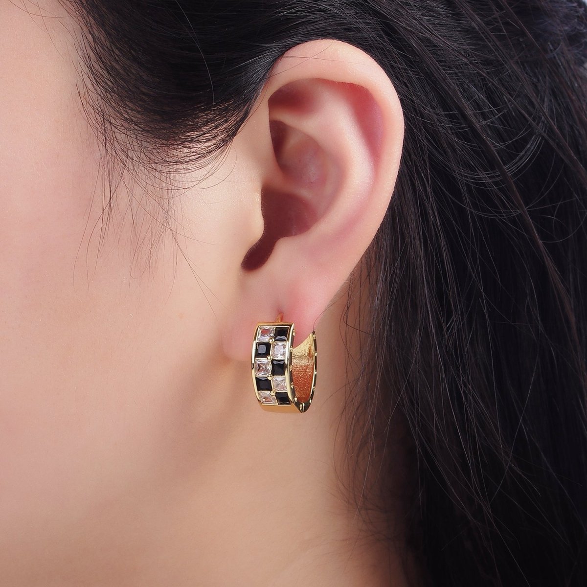 24K Gold Filled 20mm Black, Green Checkered CZ Huggie Hoop Earrings | P524