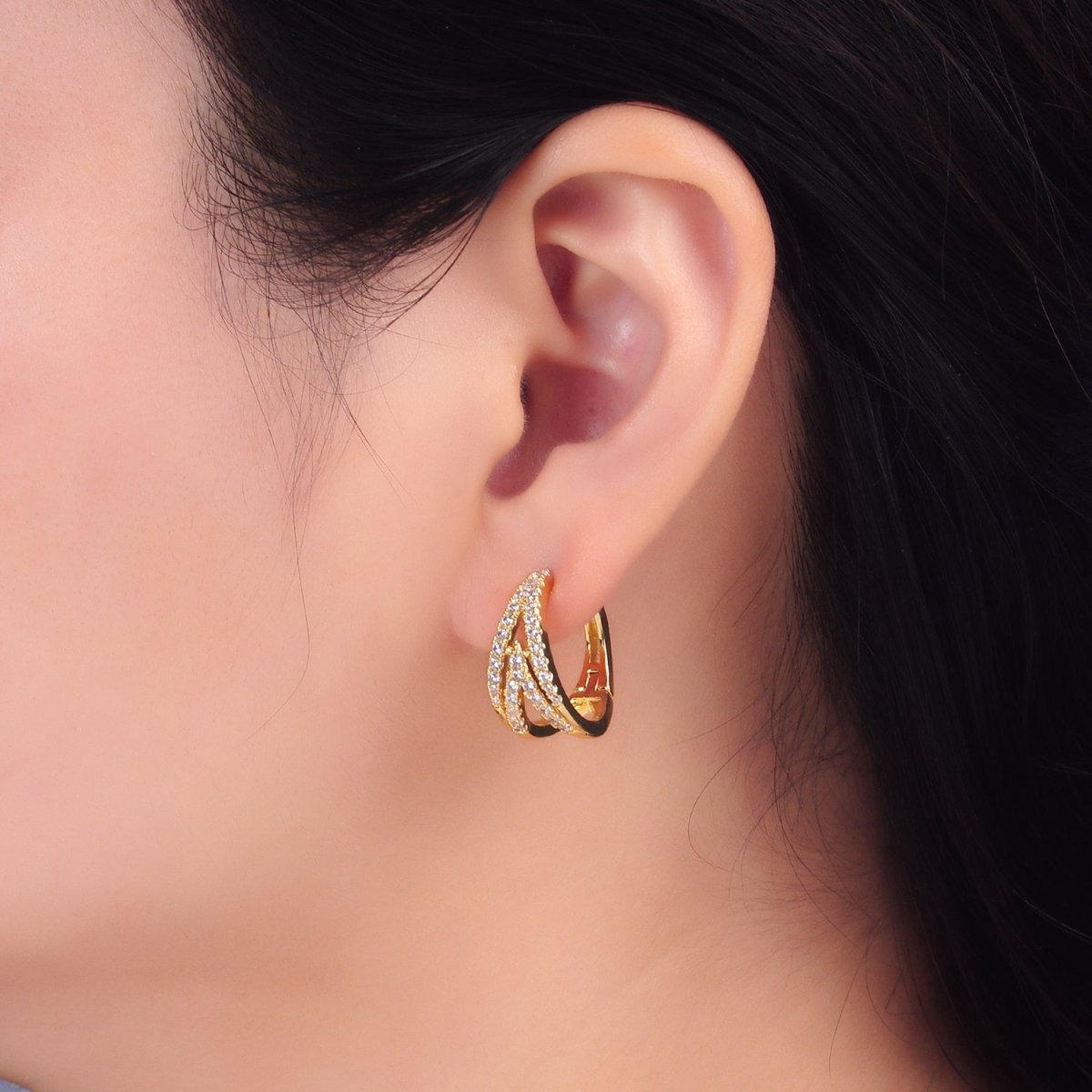 24K Gold Filled 20mm Micro Paved CZ V Band Hoop Earrings | AE619 - DLUXCA