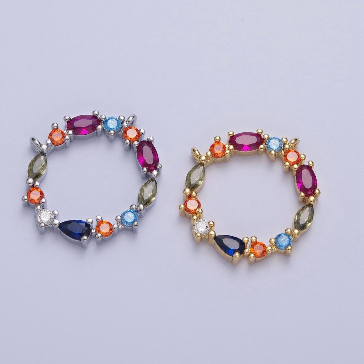 24K Gold Filled 20mm Multicolor Cubic Zirconia Round Connector in Silver / Gold For Jewelry Making G-873 G-874