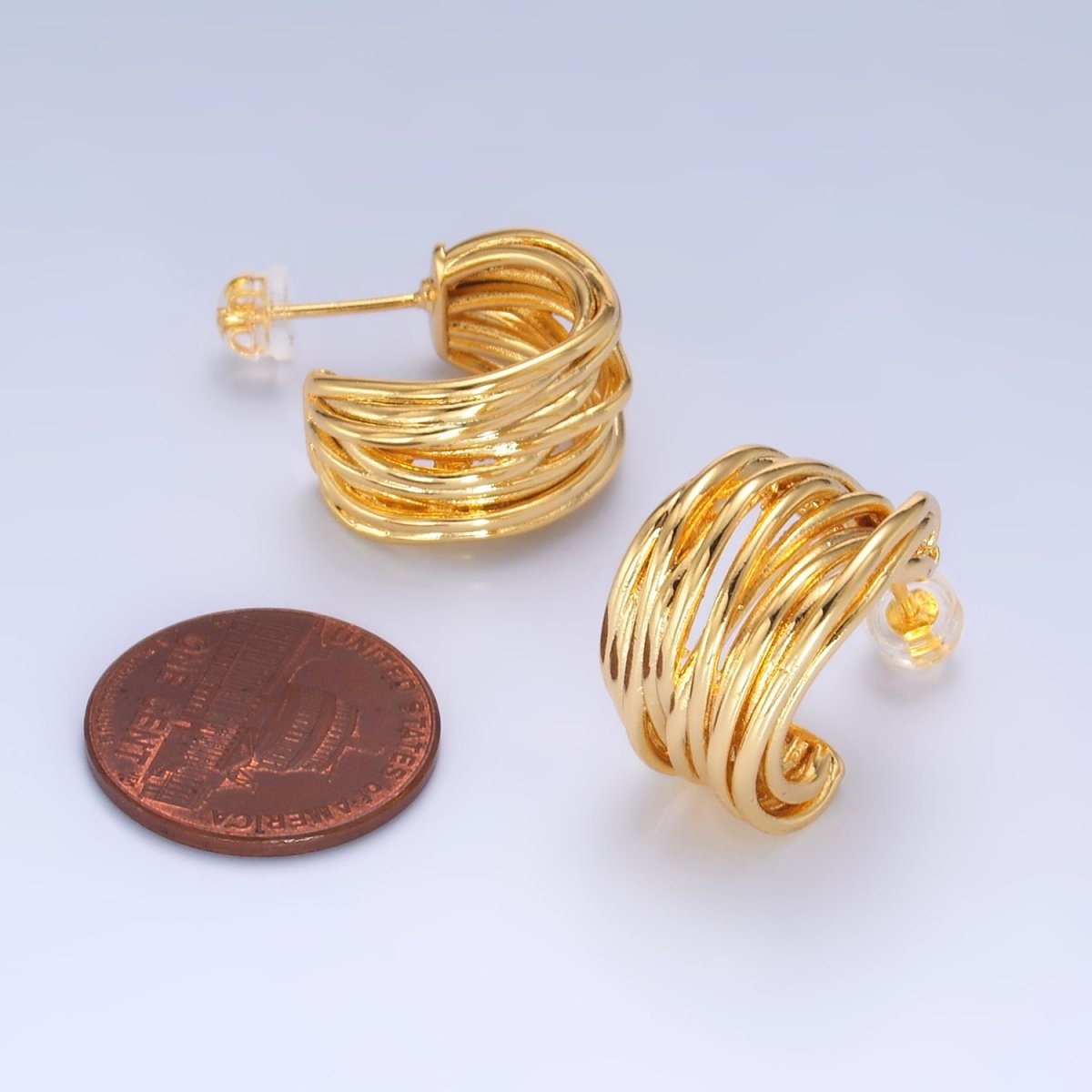 24K Gold Filled 20mm Multiple Linear Lined C - Shaped Hoop Earrings | AB082 - DLUXCA