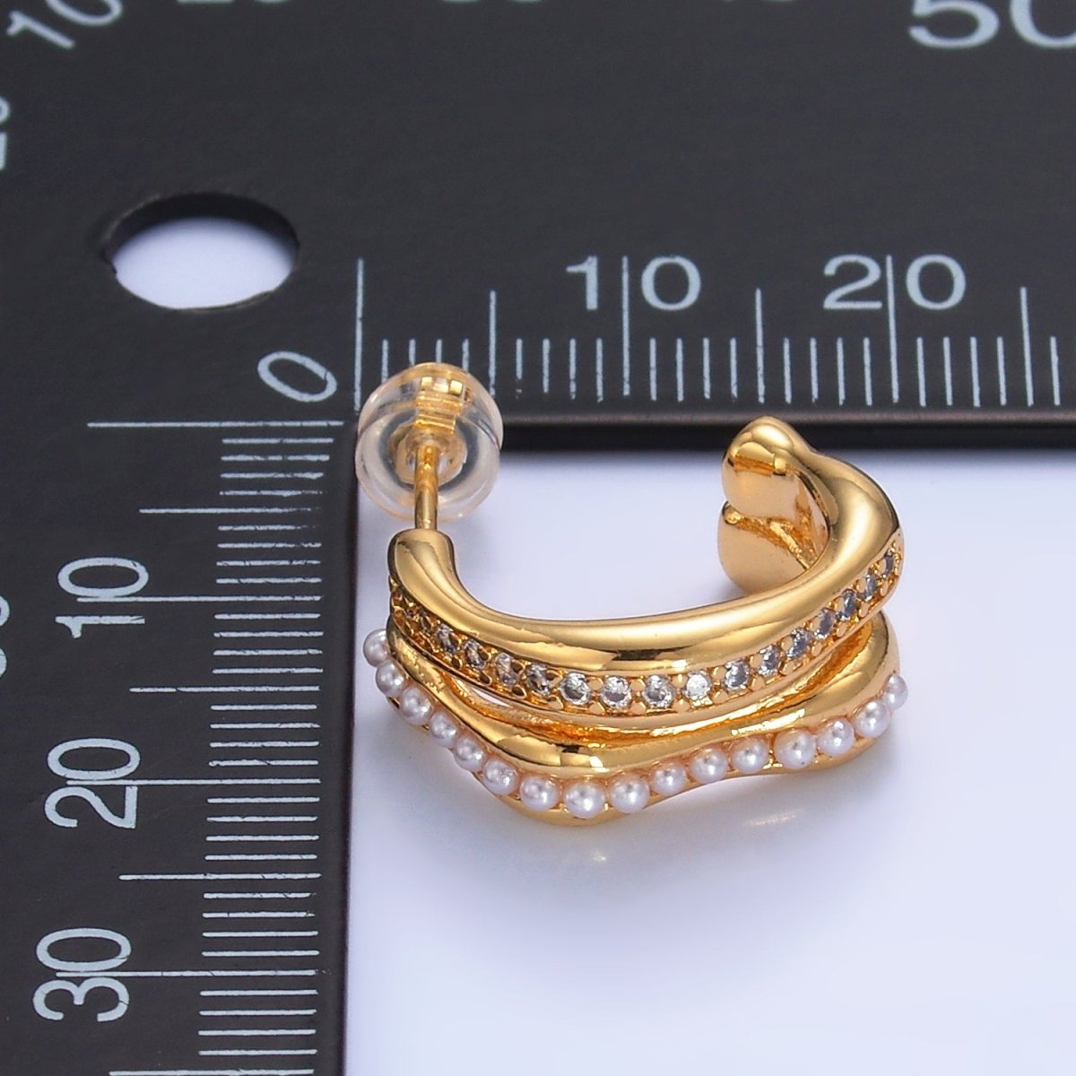 24K Gold Filled 20mm Pearl Micro Paved CZ Double Band C - Shaped Hoop Earrings | Q534 - DLUXCA