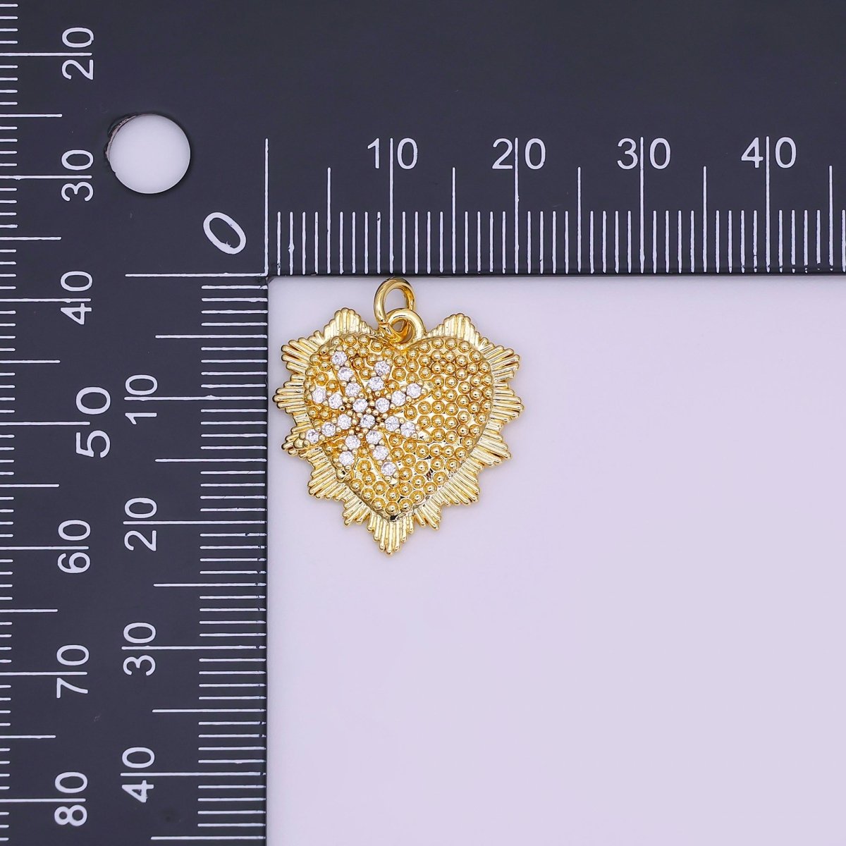 24K Gold Filled 20mm Star Micro Paved CZ Dotted Sunburst Heart Charm | AF459 - DLUXCA