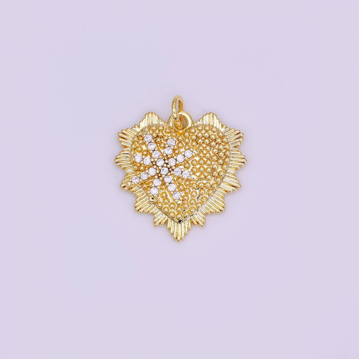 24K Gold Filled 20mm Star Micro Paved CZ Dotted Sunburst Heart Charm | AF459 - DLUXCA