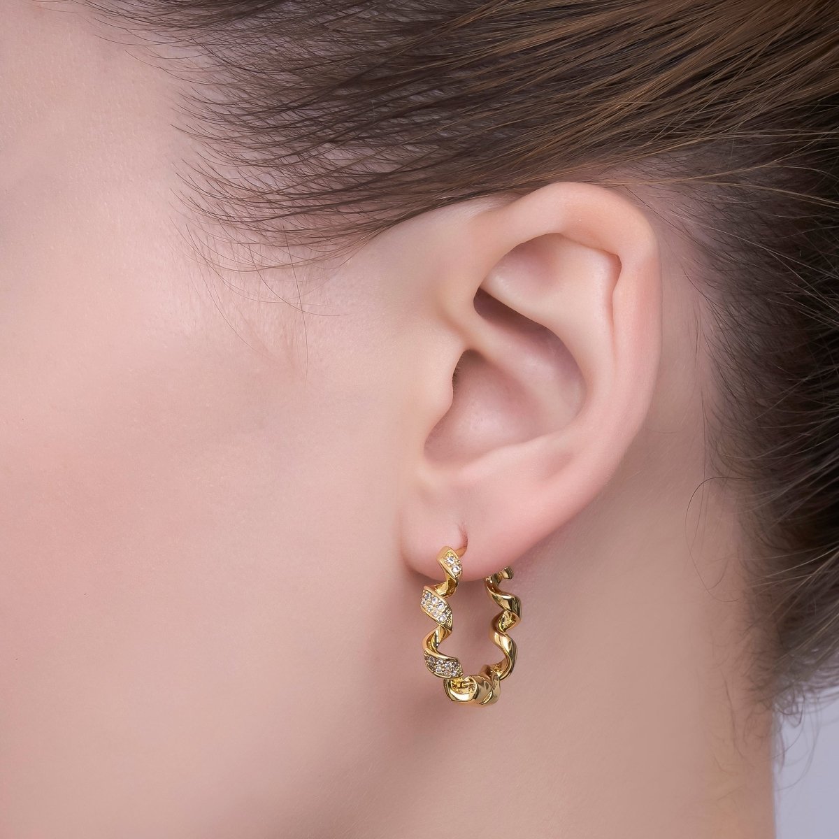 24K Gold Filled 22mm Micro Paved CZ Spiral Coil Huggie Hoop Earrings | T284 - DLUXCA