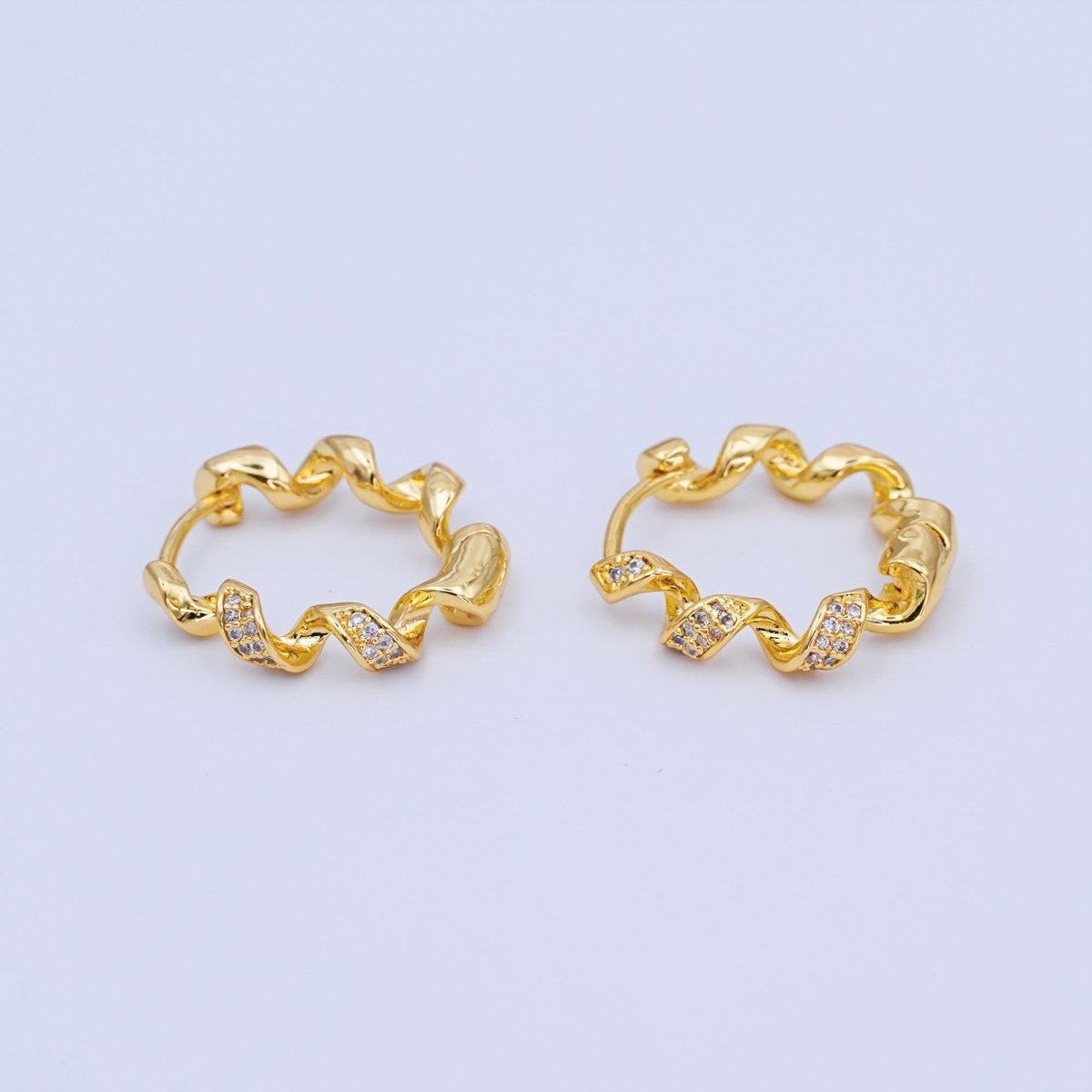24K Gold Filled 22mm Micro Paved CZ Spiral Coil Huggie Hoop Earrings | T284 - DLUXCA