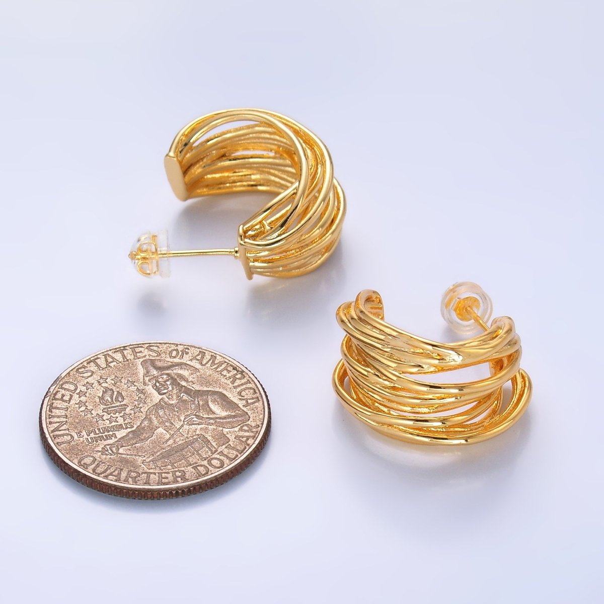 24K Gold Filled 22mm Multiple Linear Lined C - Shaped Hoop Earrings | AB1107 - DLUXCA