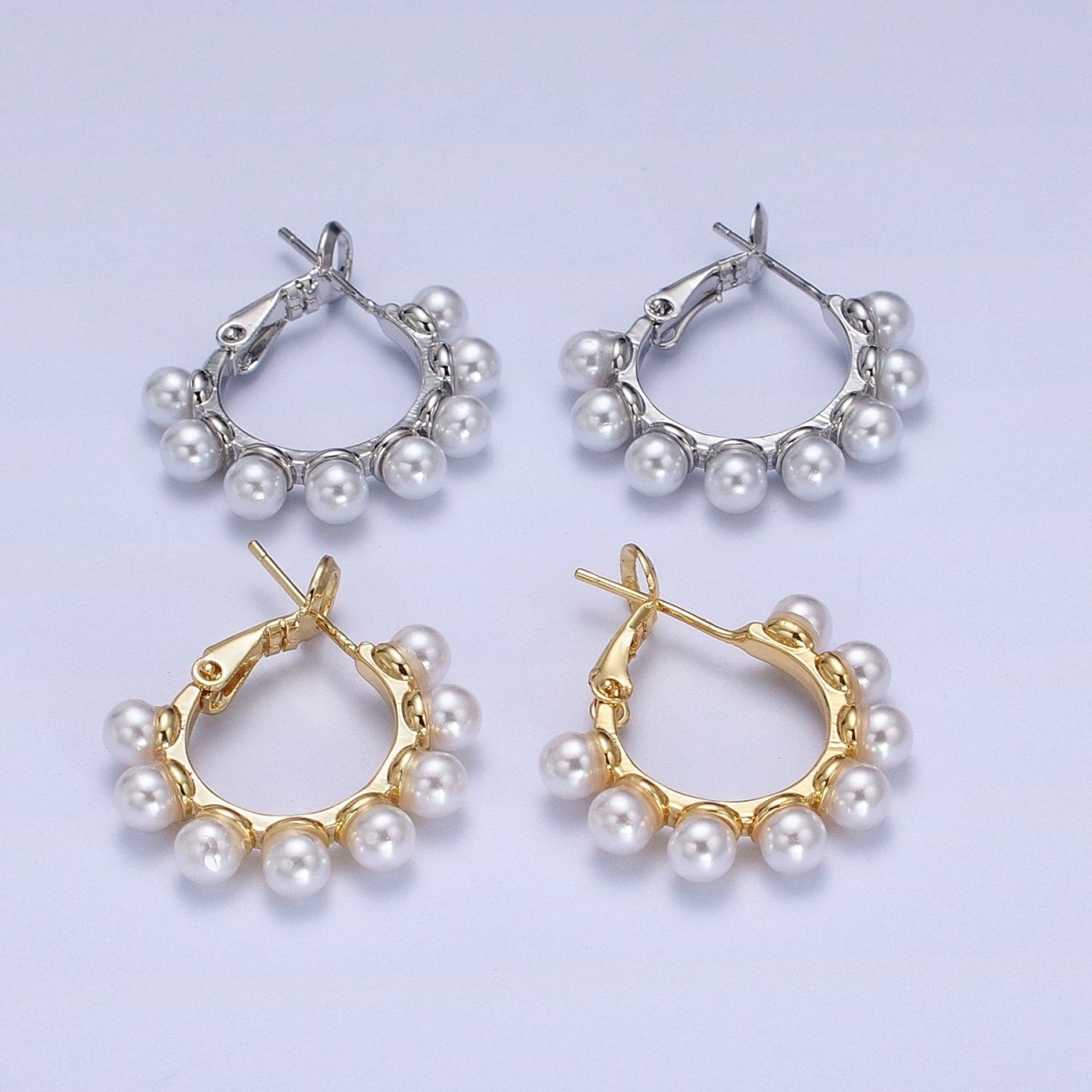 24K Gold Filled 23.5mm Pearl Lined Hinged Lock Hoop Earrings in Gold & Silver | AB346 AB347