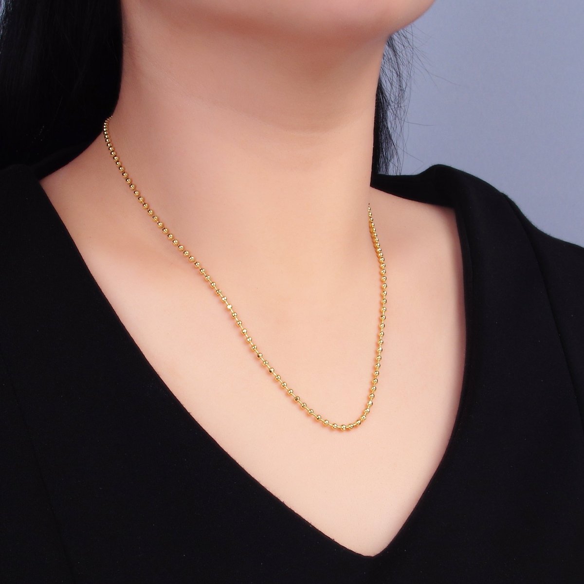24K Gold Filled 2.3mm Ball Bead Bar 17.7 Inch Necklace w. Extender | WA - 3044 - DLUXCA