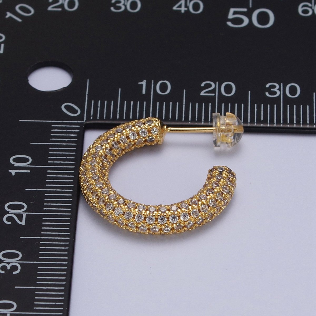 24K Gold Filled 23mm C-Shaped Clear Micro Paved CZ Hoop Stud Earrings | AB003 - DLUXCA