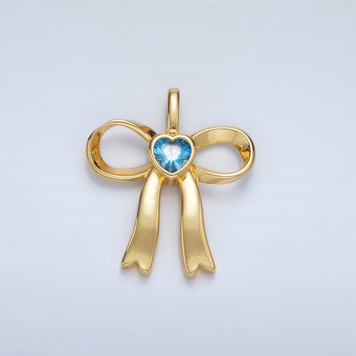 24K Gold Filled 25mm Birthstone Heart CZ Ribbon Bow Pendant | AA1413 - AA1418