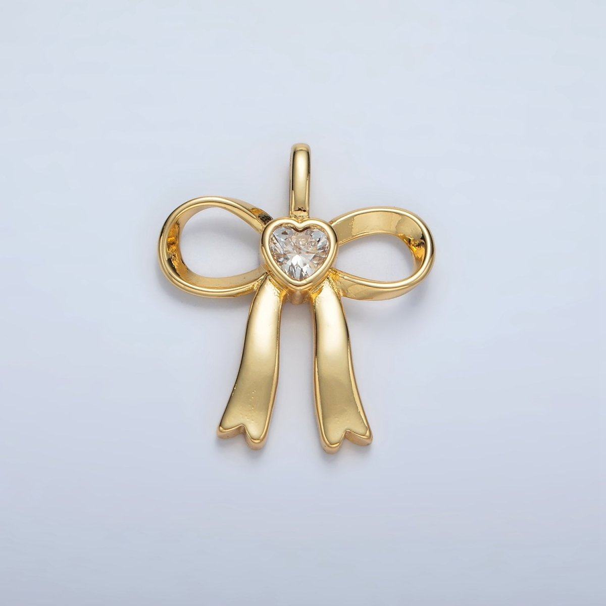 24K Gold Filled 25mm Birthstone Heart CZ Ribbon Bow Pendant | AA1413 - AA1418