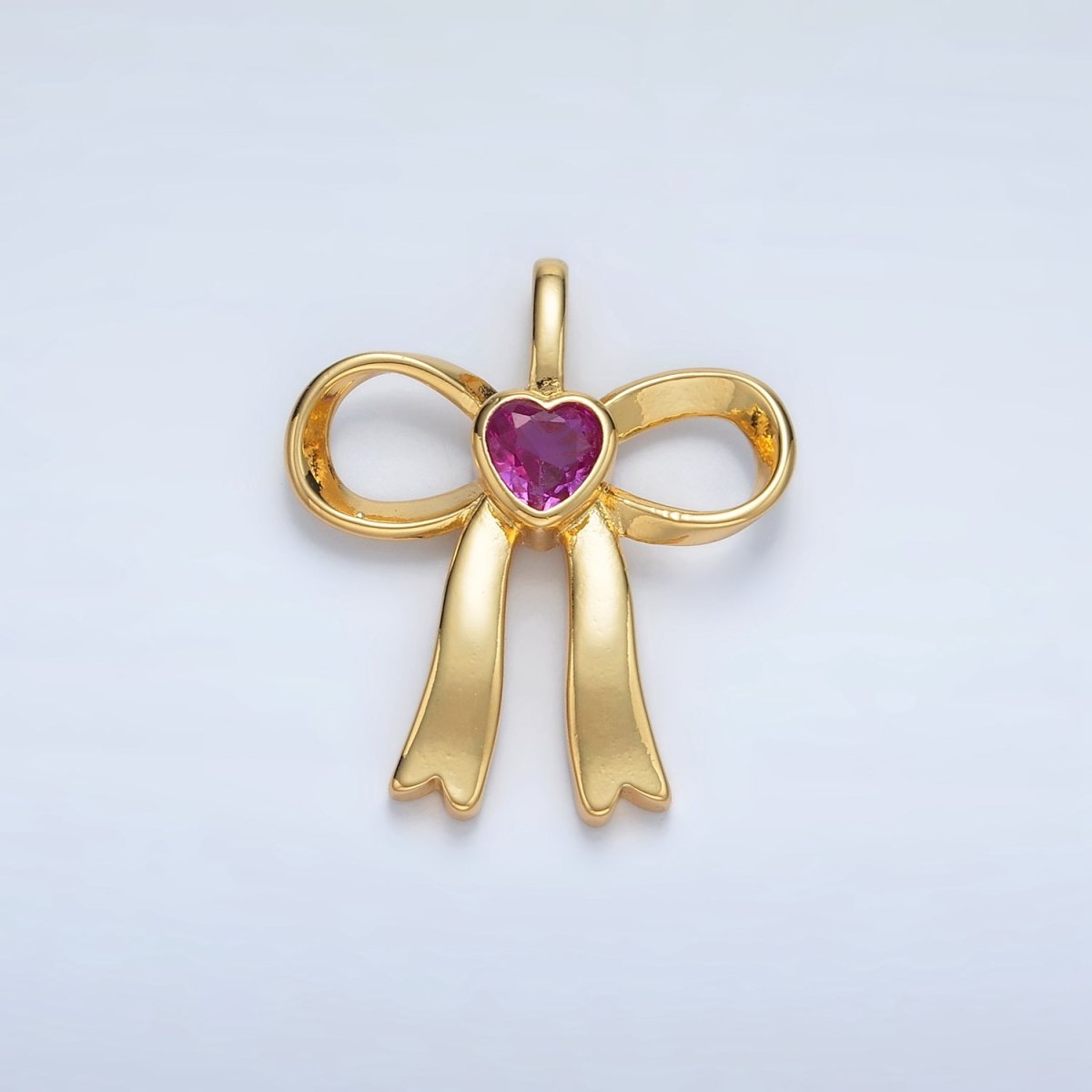 24K Gold Filled 25mm Birthstone Heart CZ Ribbon Bow Pendant | AA1413 - AA1418