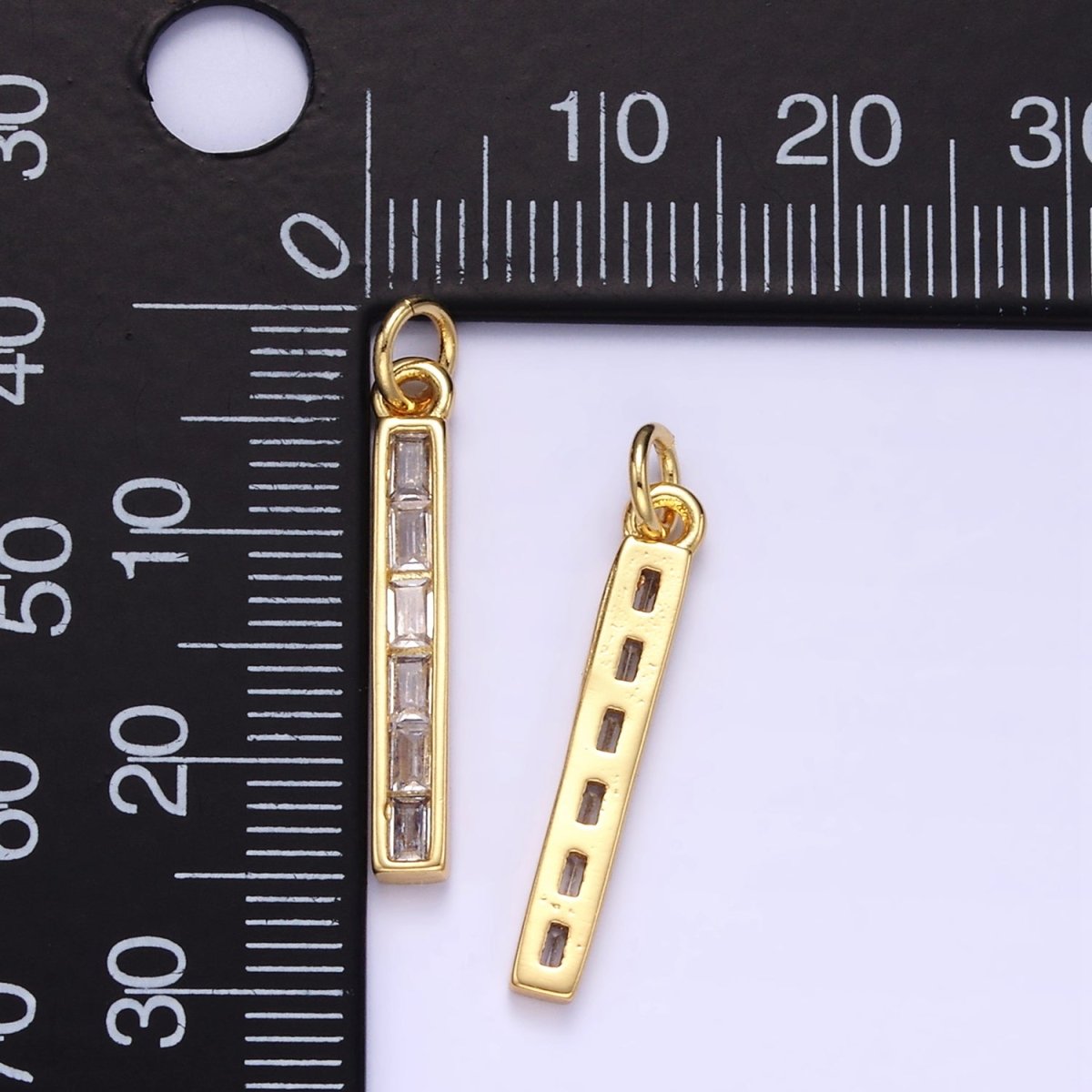 24K Gold Filled 25mm Clear Baguette CZ Linear Bar Charm | E348 - DLUXCA