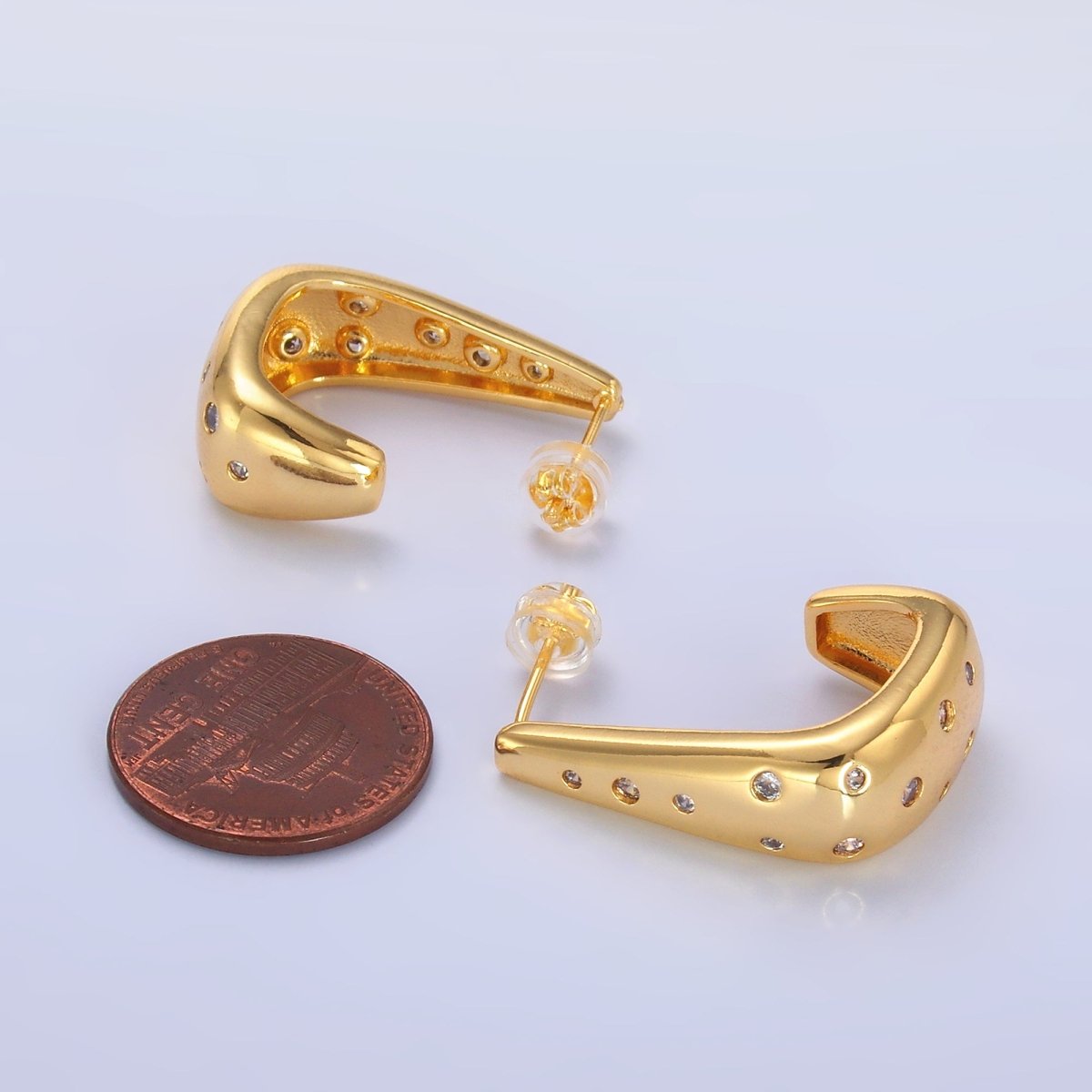 24K Gold Filled 25mm Clear CZ Dotted J - Shaped Hoop Earrings | AD200 - DLUXCA