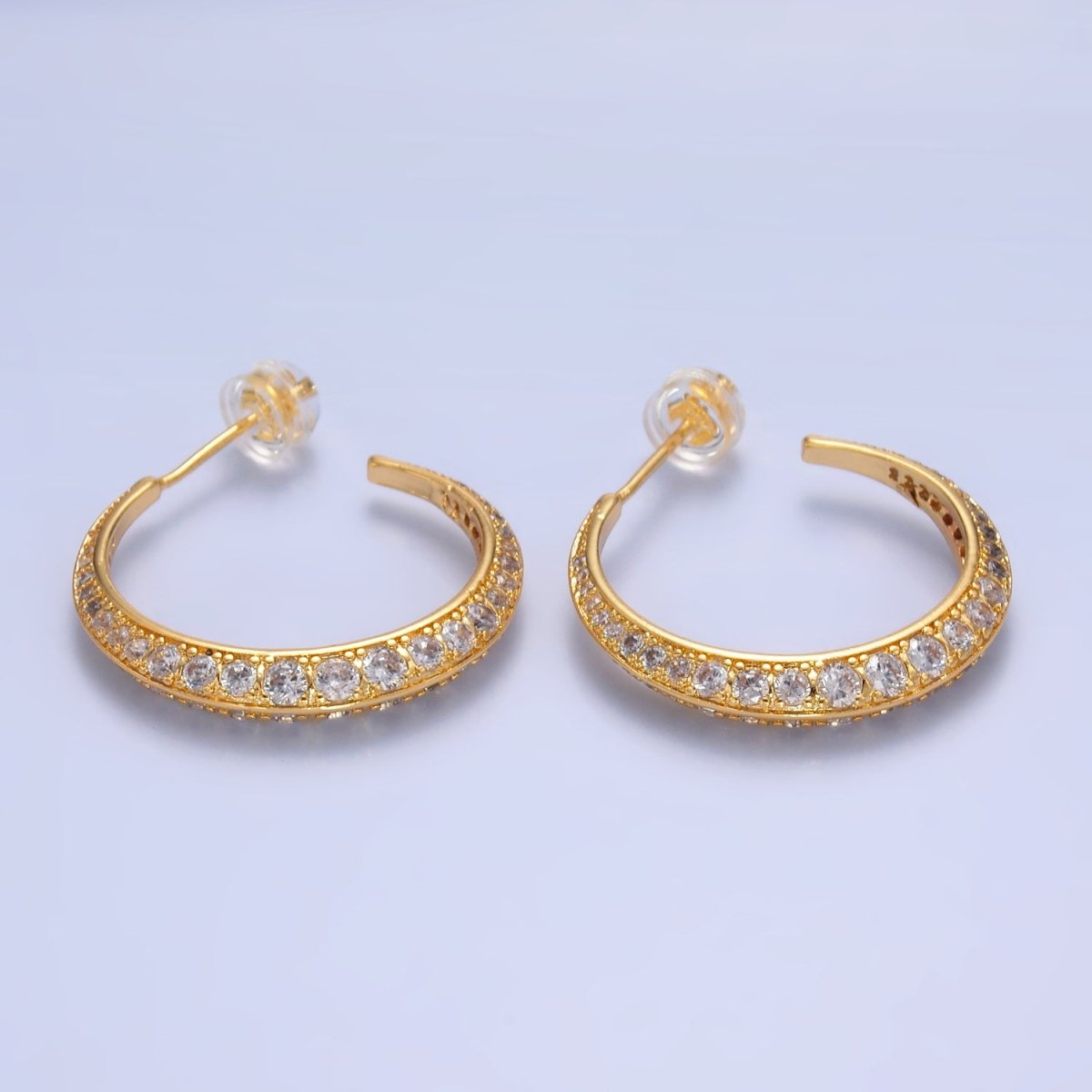 24K Gold Filled 25mm Clear CZ Micro Paved C - Shaped Hoop Earrings | V348 - DLUXCA