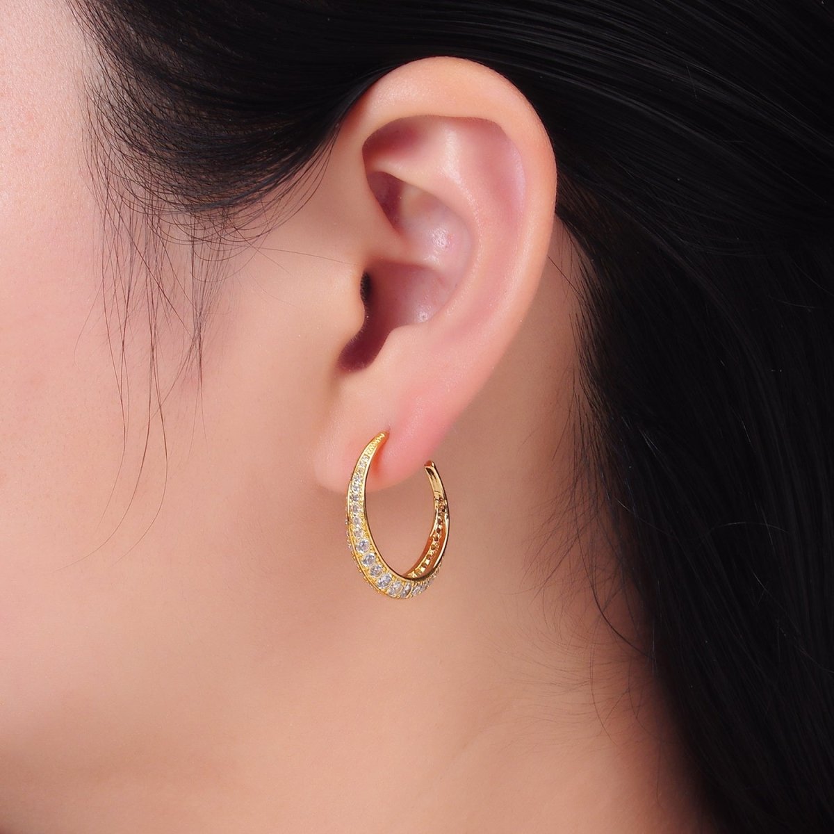 24K Gold Filled 25mm Clear CZ Micro Paved C - Shaped Hoop Earrings | V348 - DLUXCA