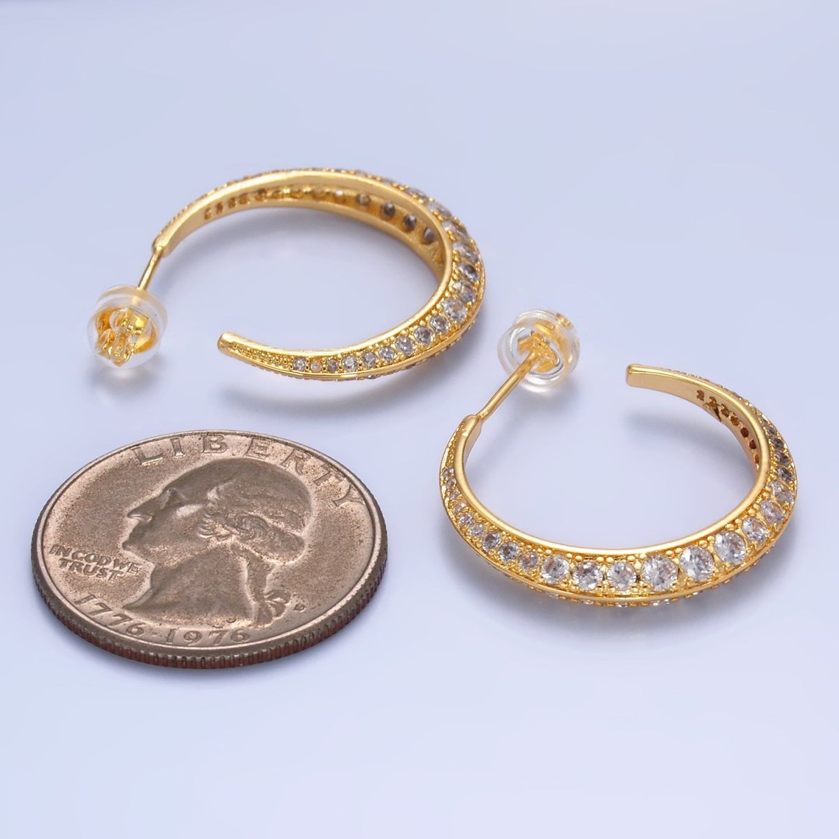 24K Gold Filled 25mm Clear CZ Micro Paved C - Shaped Hoop Earrings | V348 - DLUXCA