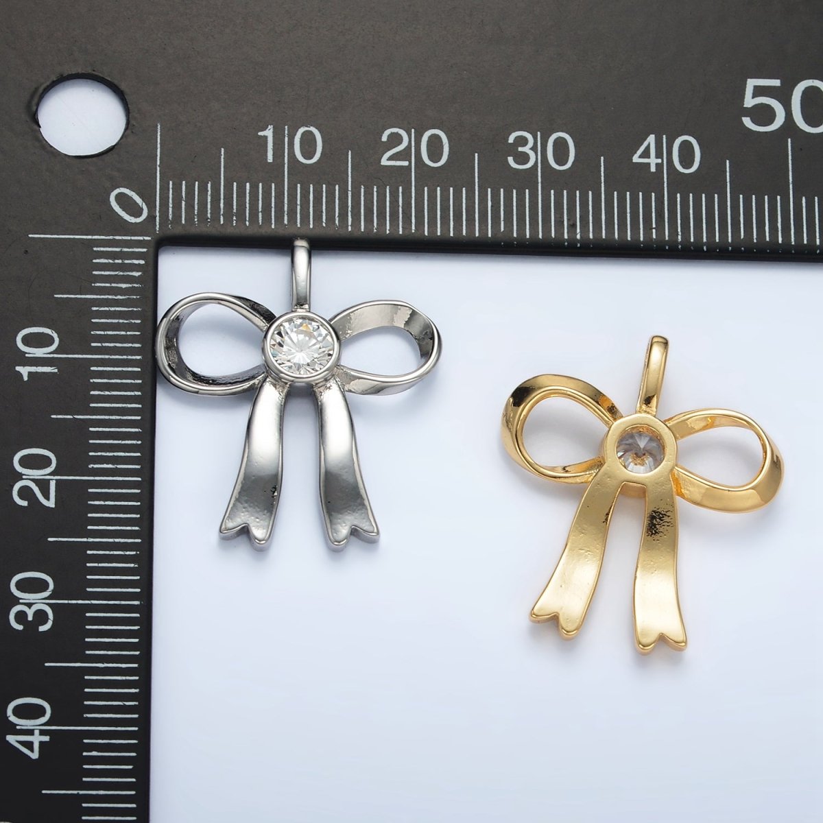 24K Gold Filled 25mm CZ Ribbon Bow Pendant in Gold & Silver | AA1411