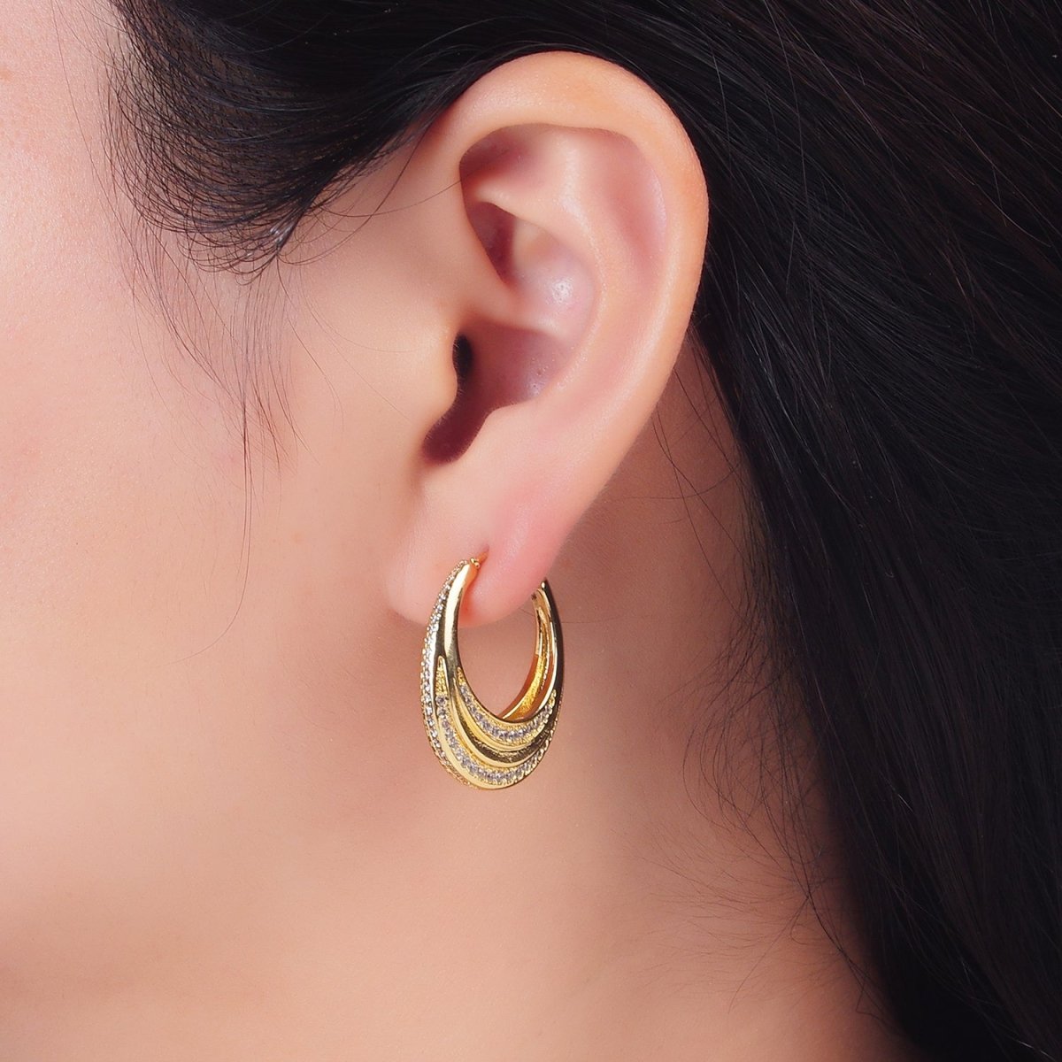 24K Gold Filled 25mm Micro Paved CZ J - Shaped Dome Hoop Earrings | V415 - DLUXCA