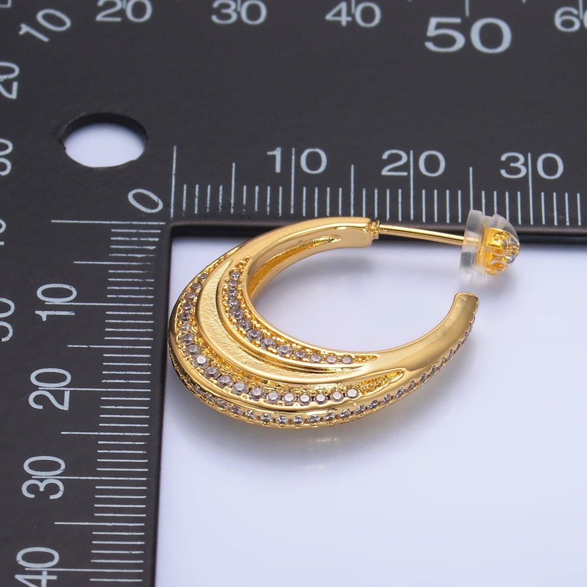 24K Gold Filled 25mm Micro Paved CZ J - Shaped Dome Hoop Earrings | V415 - DLUXCA