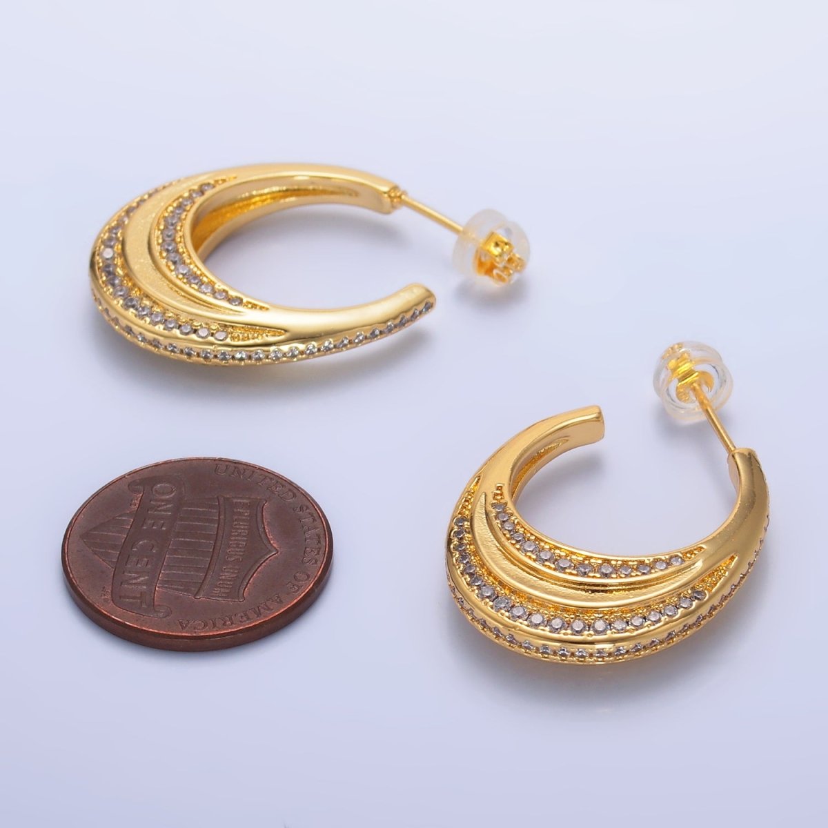 24K Gold Filled 25mm Micro Paved CZ J - Shaped Dome Hoop Earrings | V415 - DLUXCA
