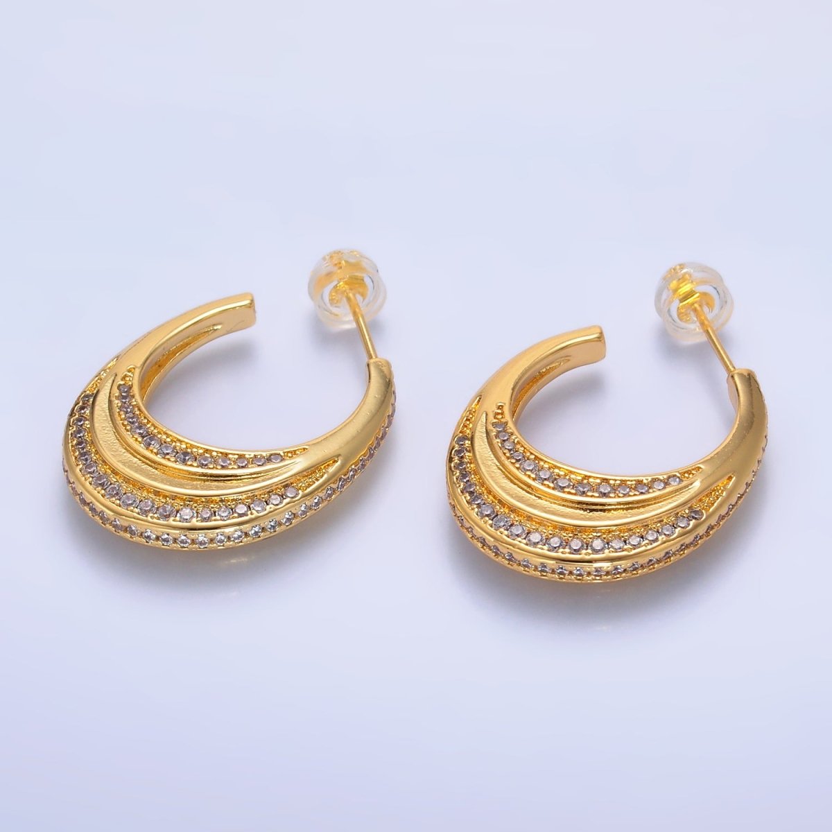 24K Gold Filled 25mm Micro Paved CZ J - Shaped Dome Hoop Earrings | V415 - DLUXCA