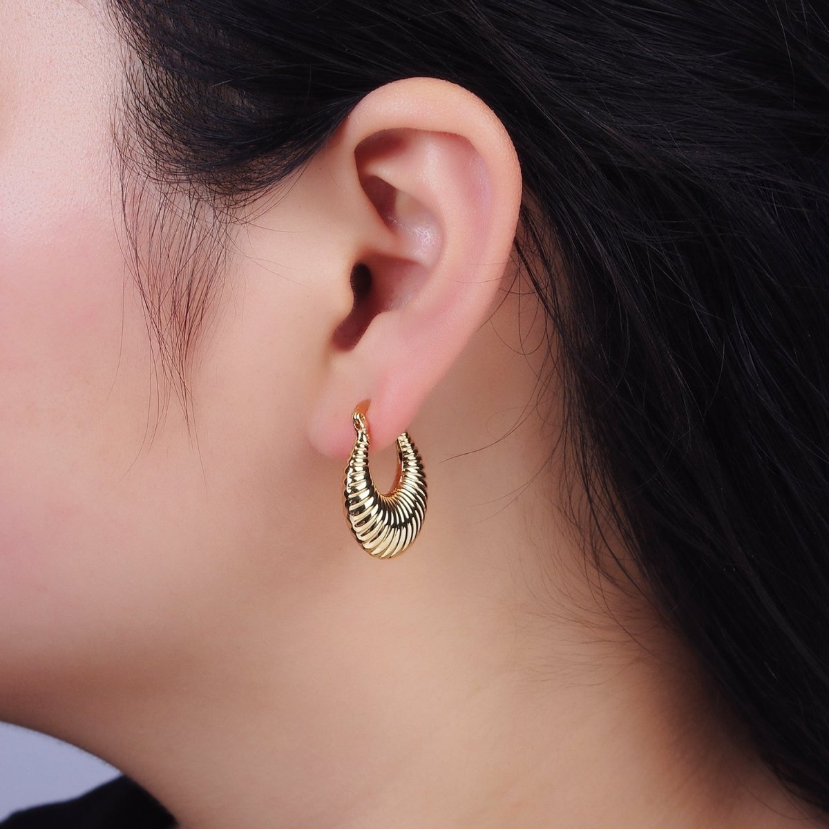 24K Gold Filled 25mm Oblong Chubby Croissant French Lock Latch Hoop Earrings in Gold & Silver | AE-610 AE-611