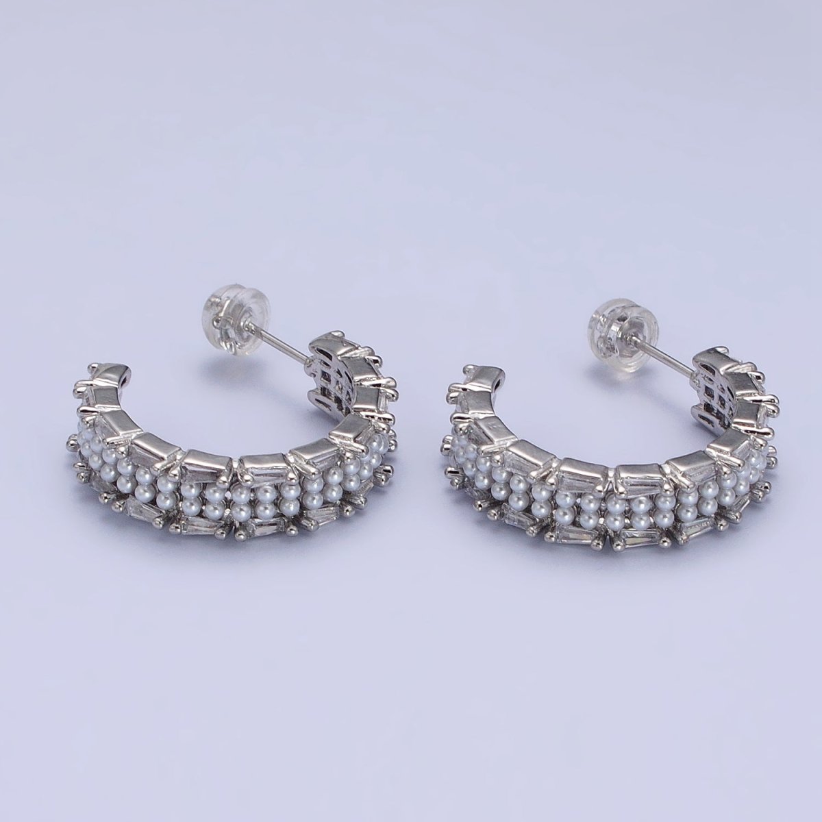 24K Gold Filled 25mm Pearl Baguette Lined C-Shaped Hoop Earrings in Gold & Silver | AB541 AB542