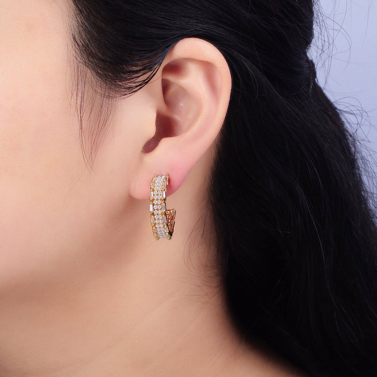 24K Gold Filled 25mm Pearl Baguette Lined C-Shaped Hoop Earrings in Gold & Silver | AB541 AB542