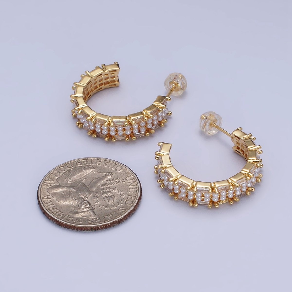 24K Gold Filled 25mm Pearl Baguette Lined C-Shaped Hoop Earrings in Gold & Silver | AB541 AB542