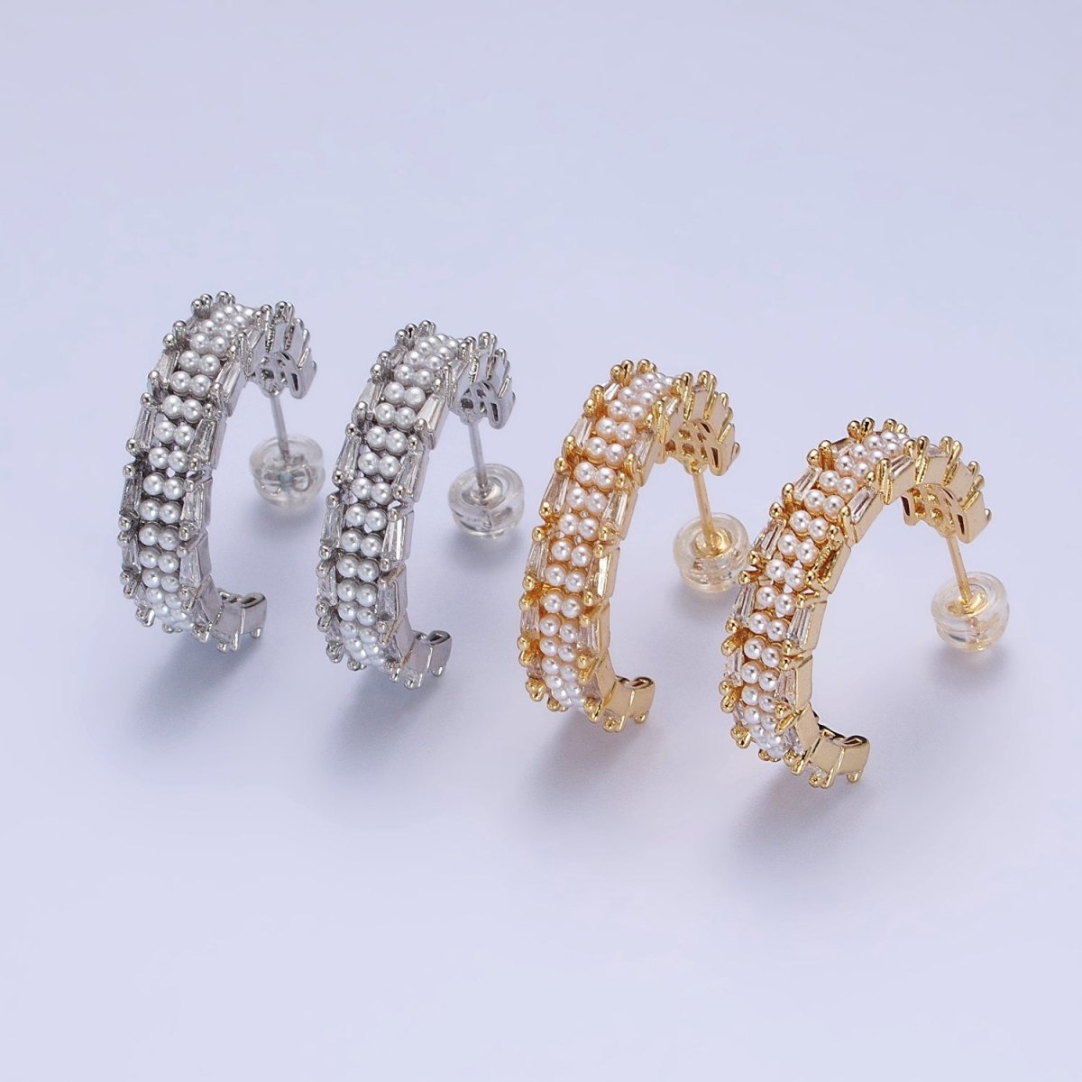 24K Gold Filled 25mm Pearl Baguette Lined C-Shaped Hoop Earrings in Gold & Silver | AB541 AB542