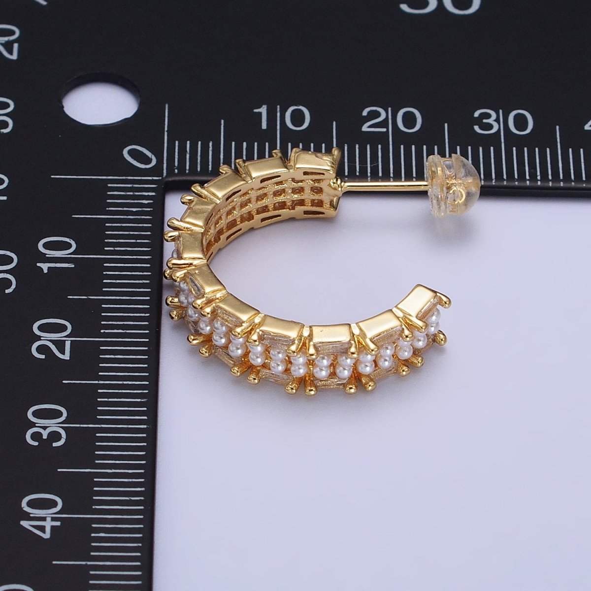 24K Gold Filled 25mm Pearl Baguette Lined C-Shaped Hoop Earrings in Gold & Silver | AB541 AB542