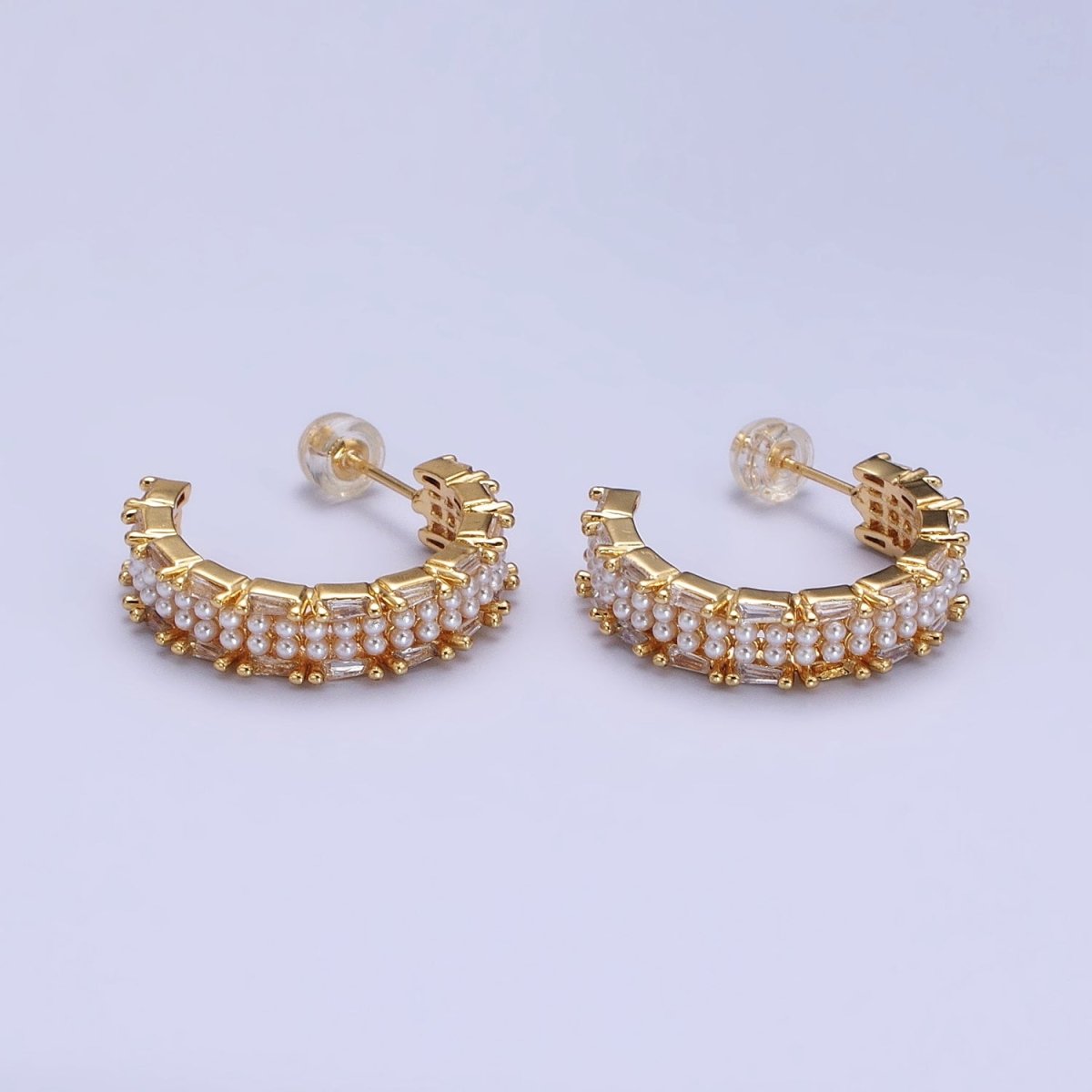 24K Gold Filled 25mm Pearl Baguette Lined C-Shaped Hoop Earrings in Gold & Silver | AB541 AB542