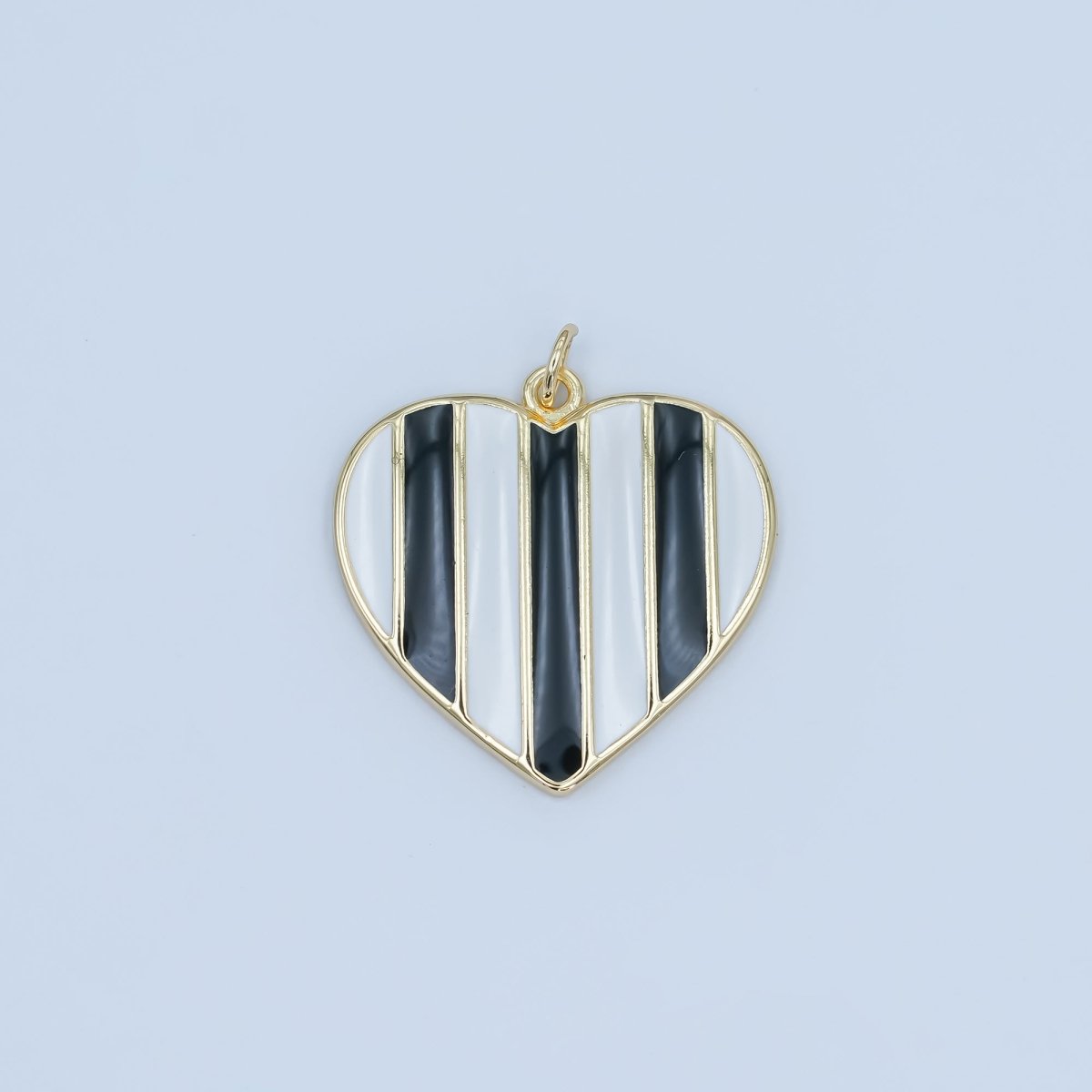 24K Gold Filled 26.5mm Black - and - White Striped Enamel Heart Charm | C050 - DLUXCA