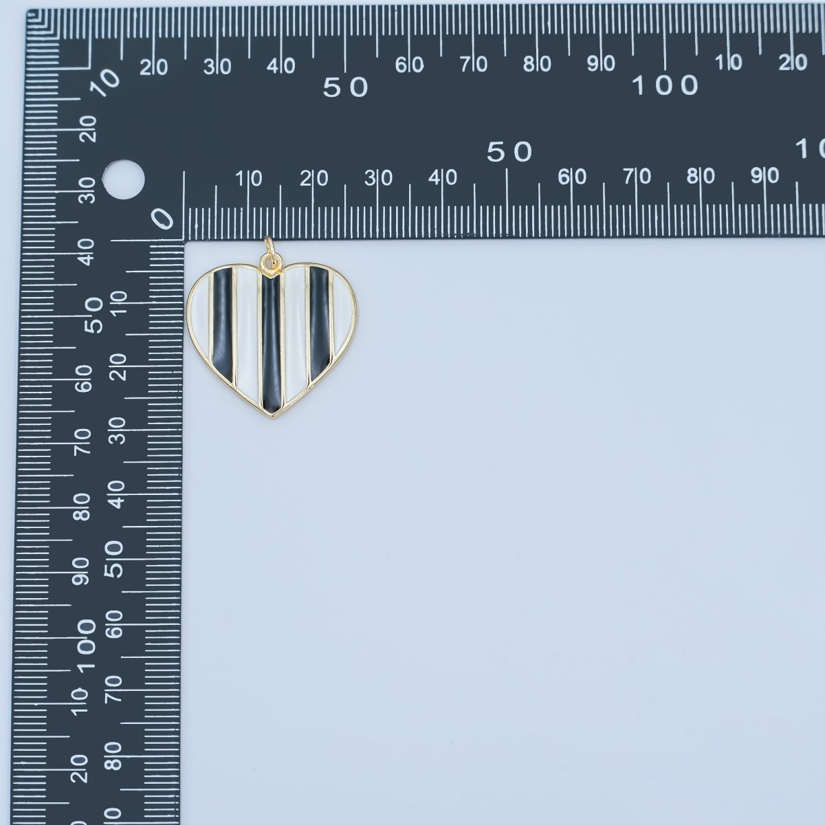 24K Gold Filled 26.5mm Black - and - White Striped Enamel Heart Charm | C050 - DLUXCA