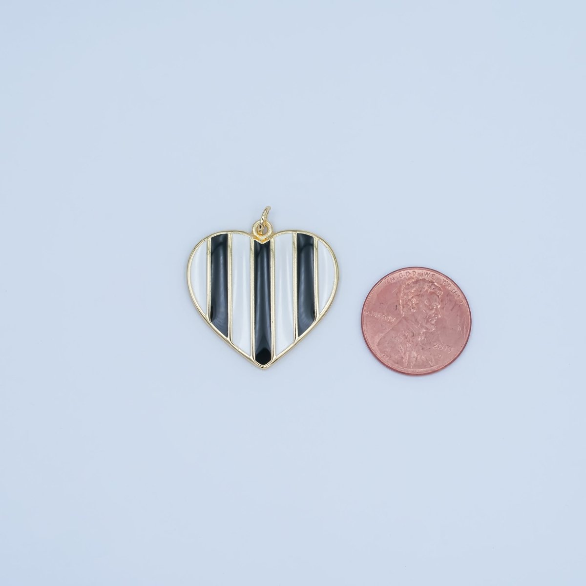 24K Gold Filled 26.5mm Black - and - White Striped Enamel Heart Charm | C050 - DLUXCA