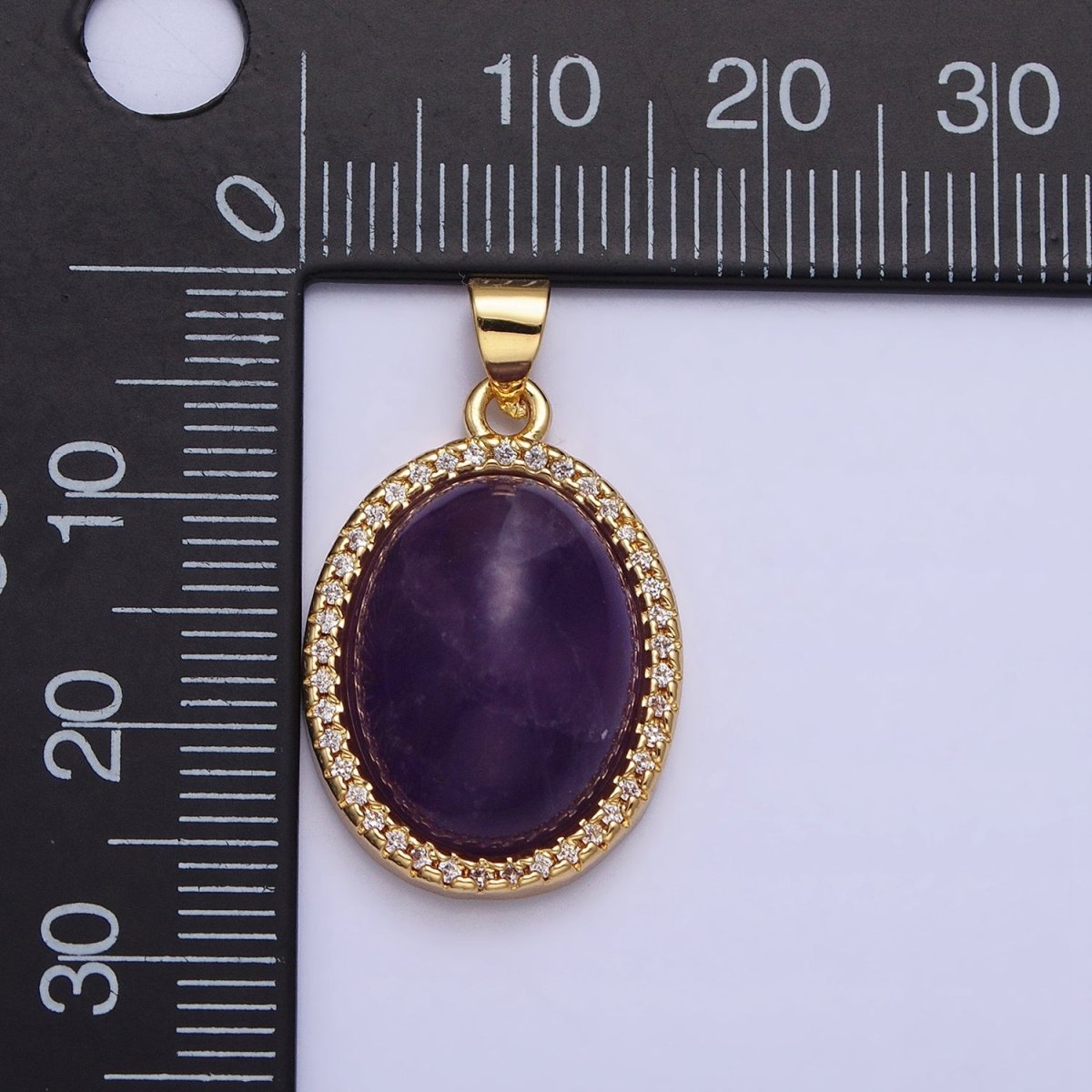 24K Gold Filled 27mm Purple Amethyst Natural Gemstone Oval Cabochon Micro Paved CZ Pendant | AA323 - DLUXCA