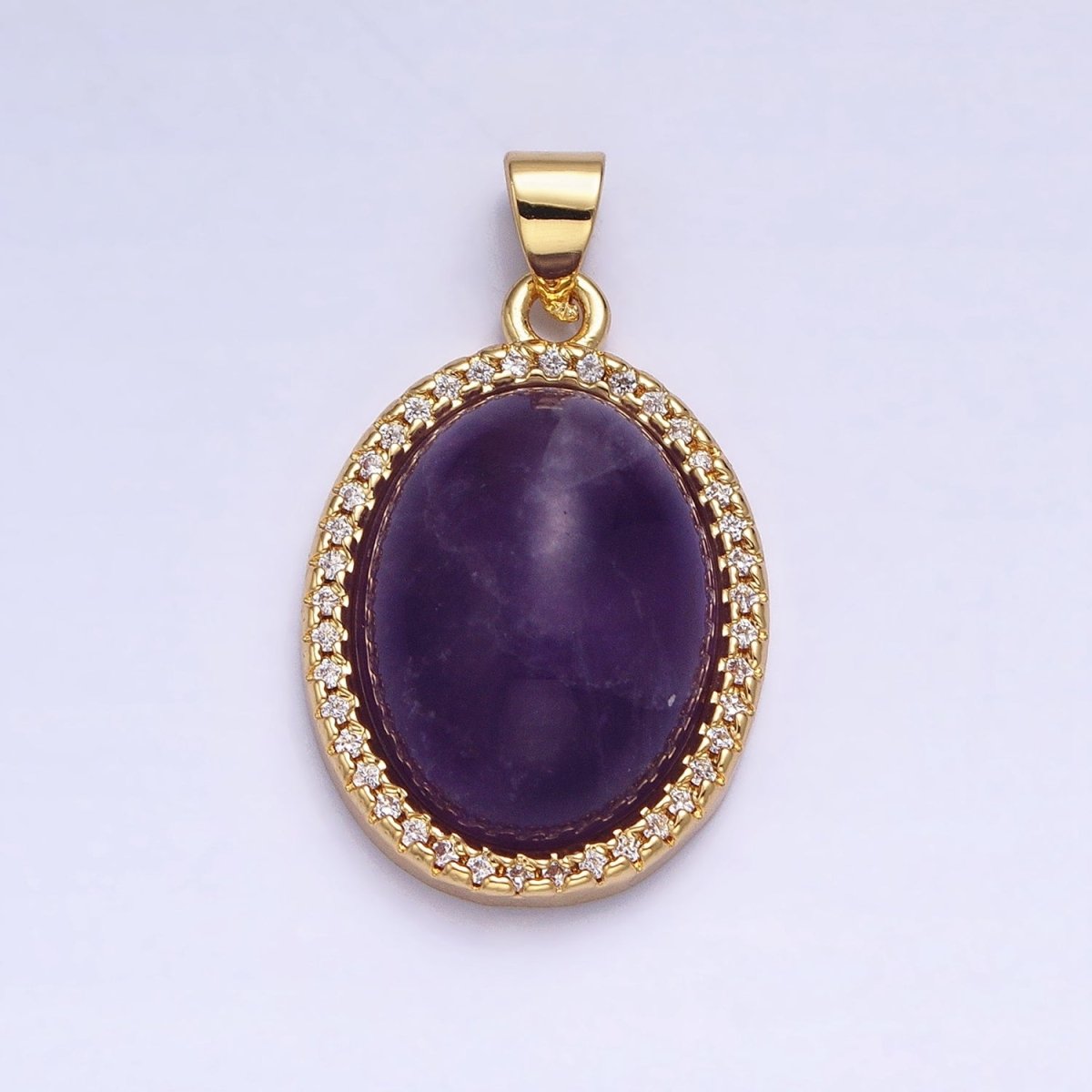 24K Gold Filled 27mm Purple Amethyst Natural Gemstone Oval Cabochon Micro Paved CZ Pendant | AA323 - DLUXCA