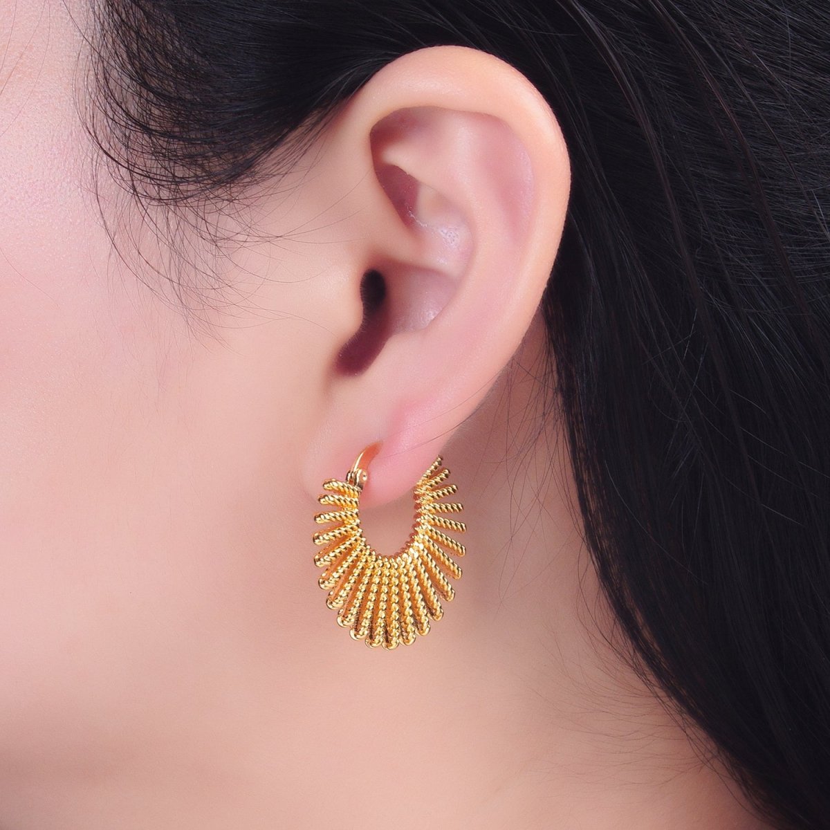 24K Gold Filled 28mm Celestial Sun Ray Croissant Latch Hoop Earrings in Gold & Silver | P230 P231