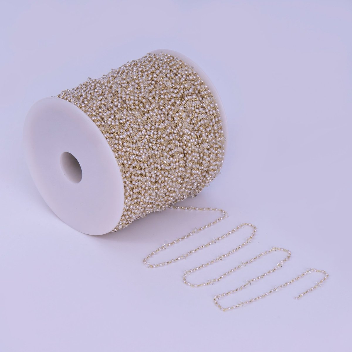 24K Gold Filled 2.8mm Shell Pearl Clear Crystal Link Unfinished Chain by Yard | Roll - 1662 - DLUXCA