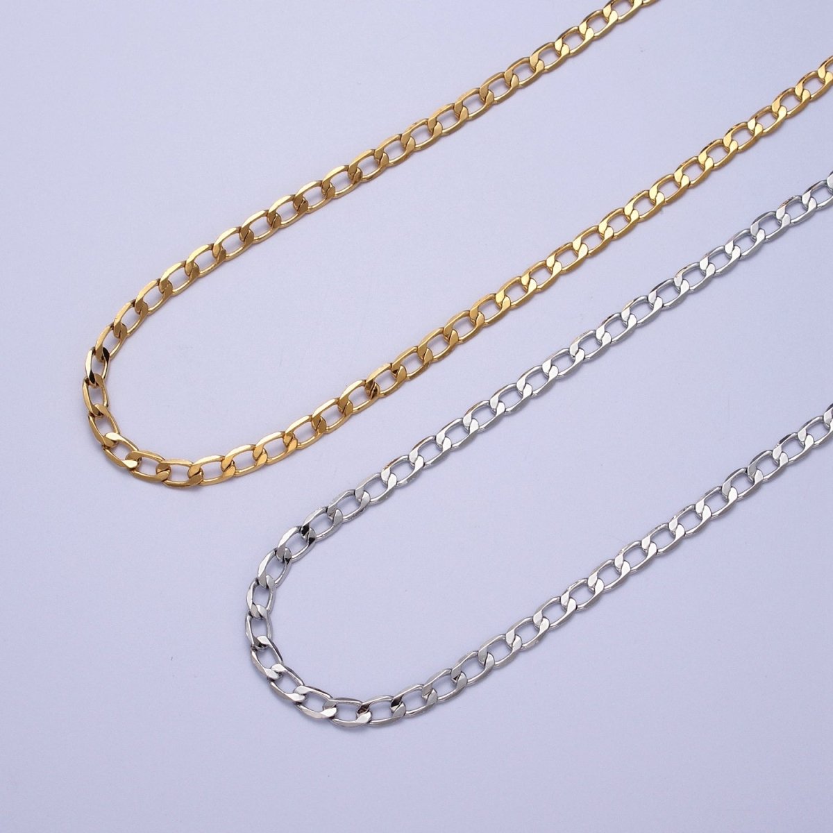 24K Gold Filled 2mm, 2.5mm, 3mm, 3.5mm, 4mm Flat Figaro Curb Chain in Gold & Silver | ROLL-911 to ROLL-920 Clearance Pricing
