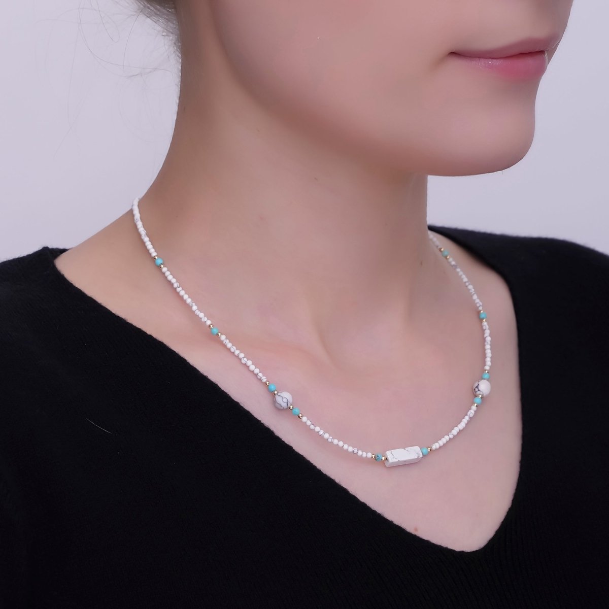 24K Gold Filled 2mm White Howlite Gemstone 16 Inch Necklace | WA - 2958 - DLUXCA