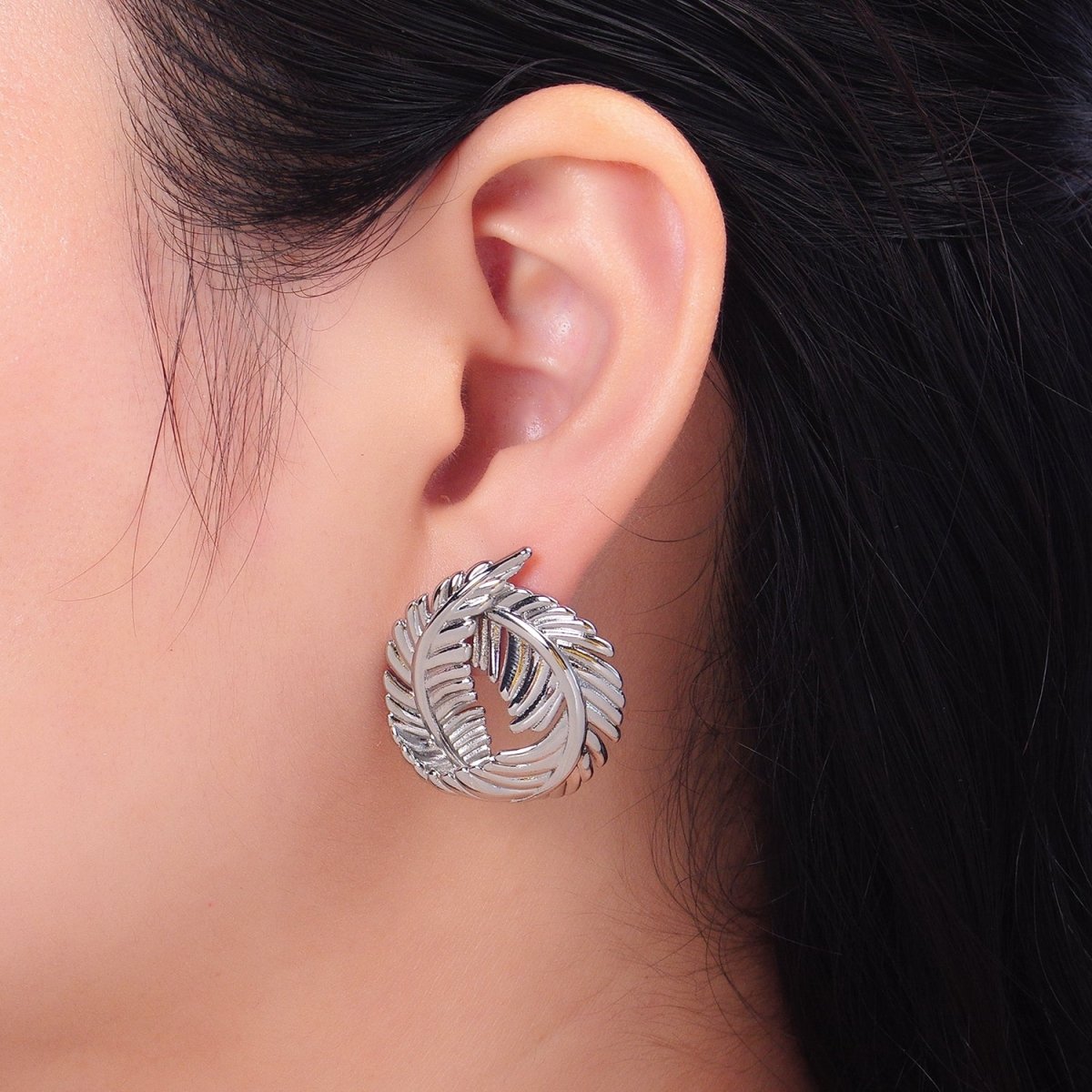 24K Gold Filled 30mm Circular Leaf Stud Earrings in Gold & Silver | V486 V487