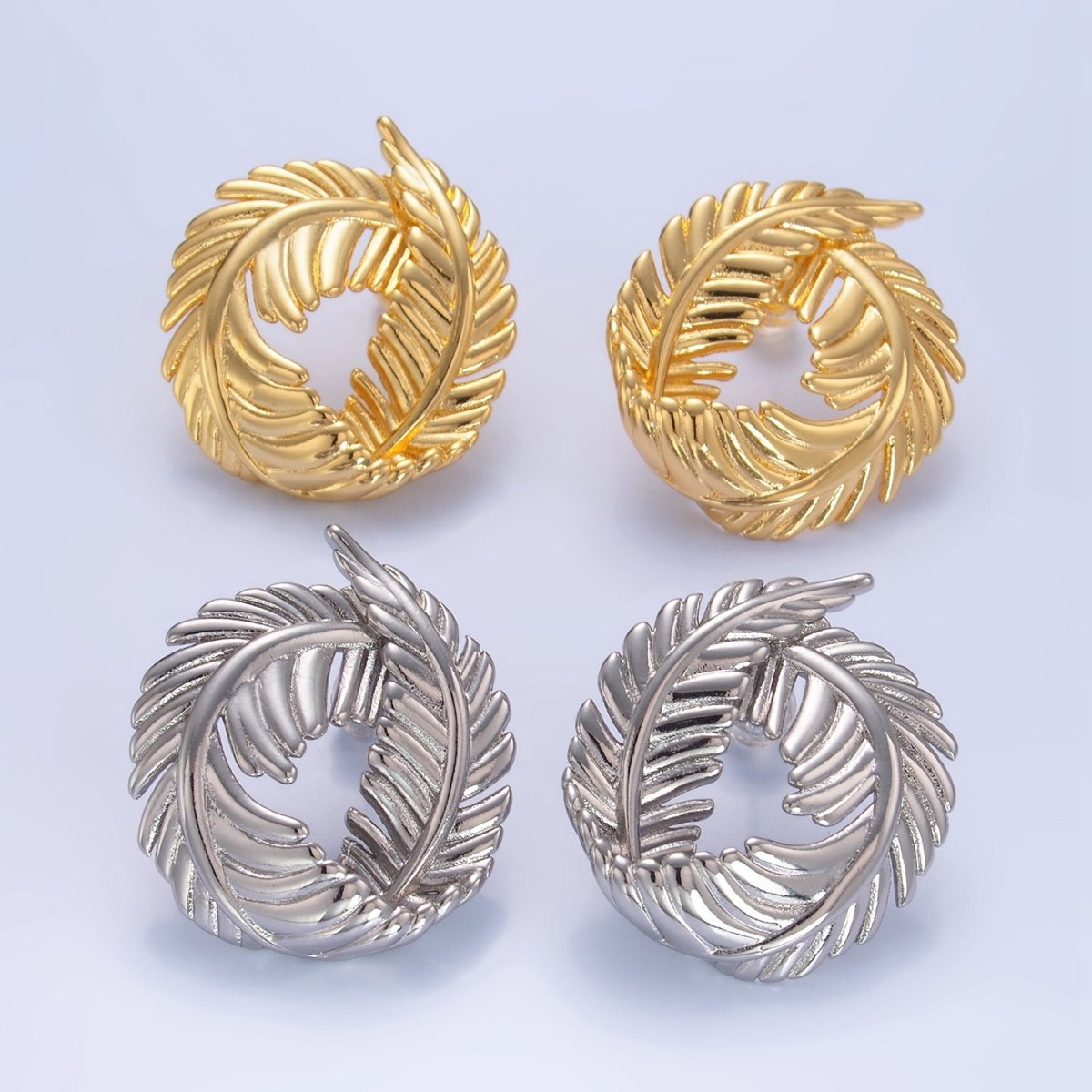 24K Gold Filled 30mm Circular Leaf Stud Earrings in Gold & Silver | V486 V487