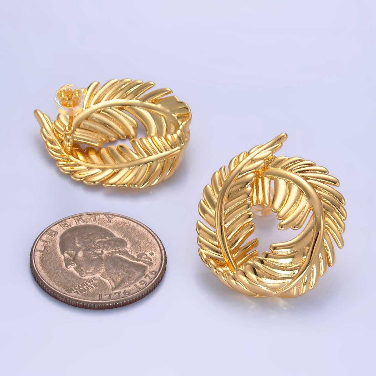 24K Gold Filled 30mm Circular Leaf Stud Earrings in Gold & Silver | V486 V487