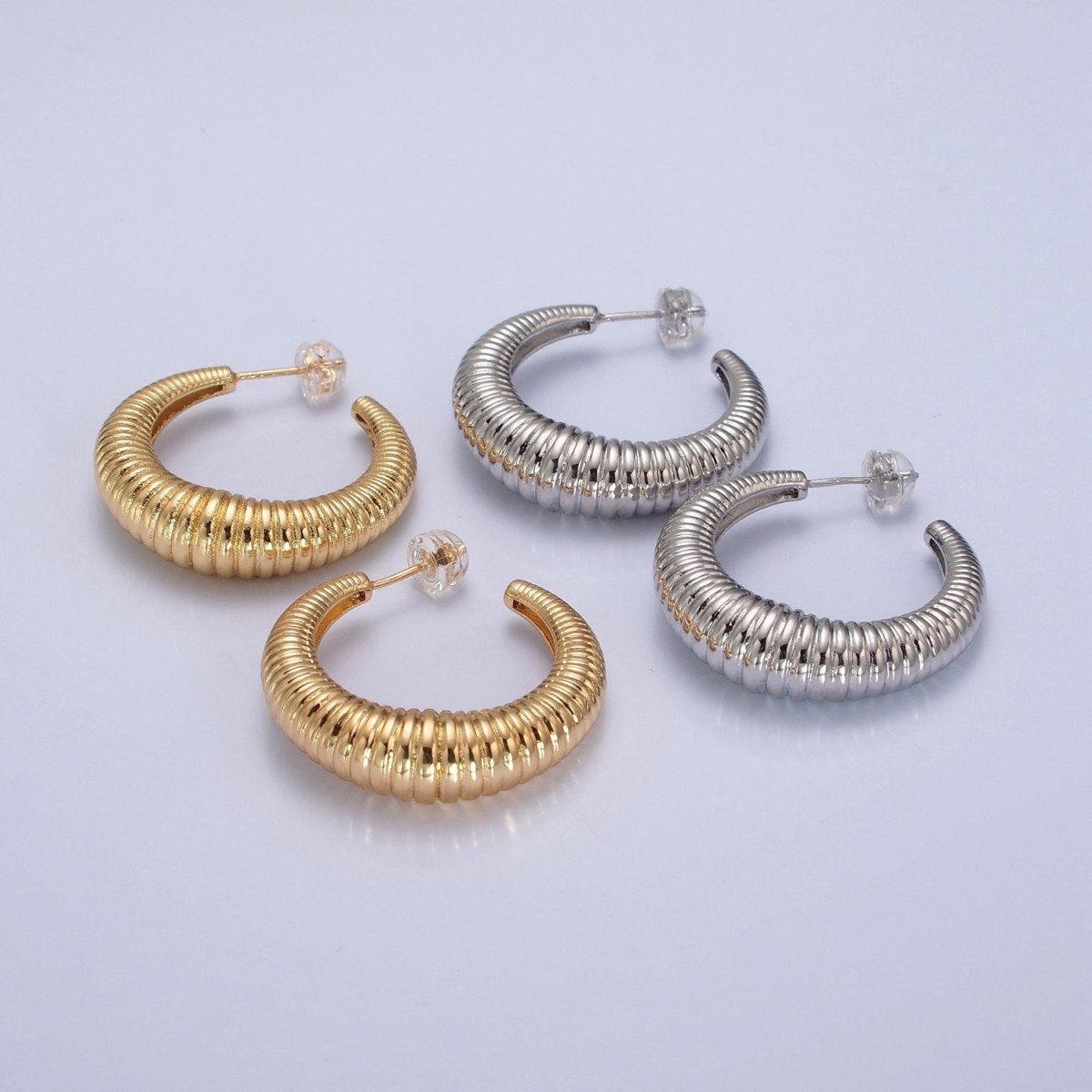 24K Gold Filled 30mm Croissant C-Shaped Hoop Earrings in Gold & Silver | P300 P301