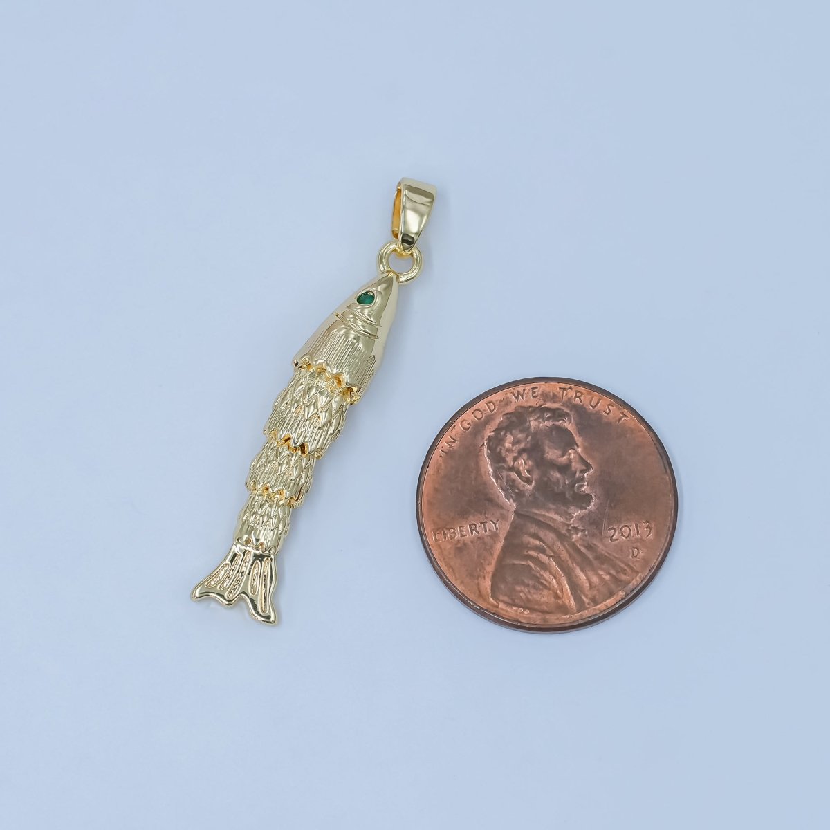 24K Gold Filled 30mm Green CZ Eye Artisan Fish Multidimensional 3D Charm | AA1494 - DLUXCA