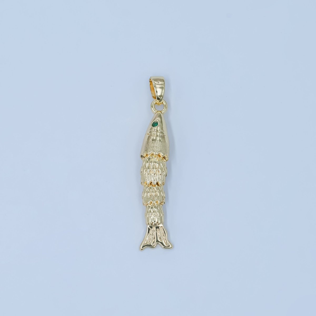 24K Gold Filled 30mm Green CZ Eye Artisan Fish Multidimensional 3D Charm | AA1494 - DLUXCA