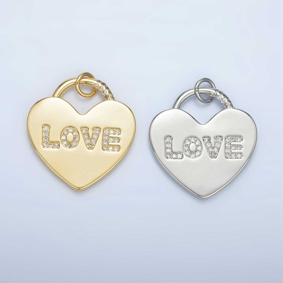 24K Gold Filled 30mm "LOVE" Micro Paved CZ Heart Padlock Charm in Gold & Silver | N743
