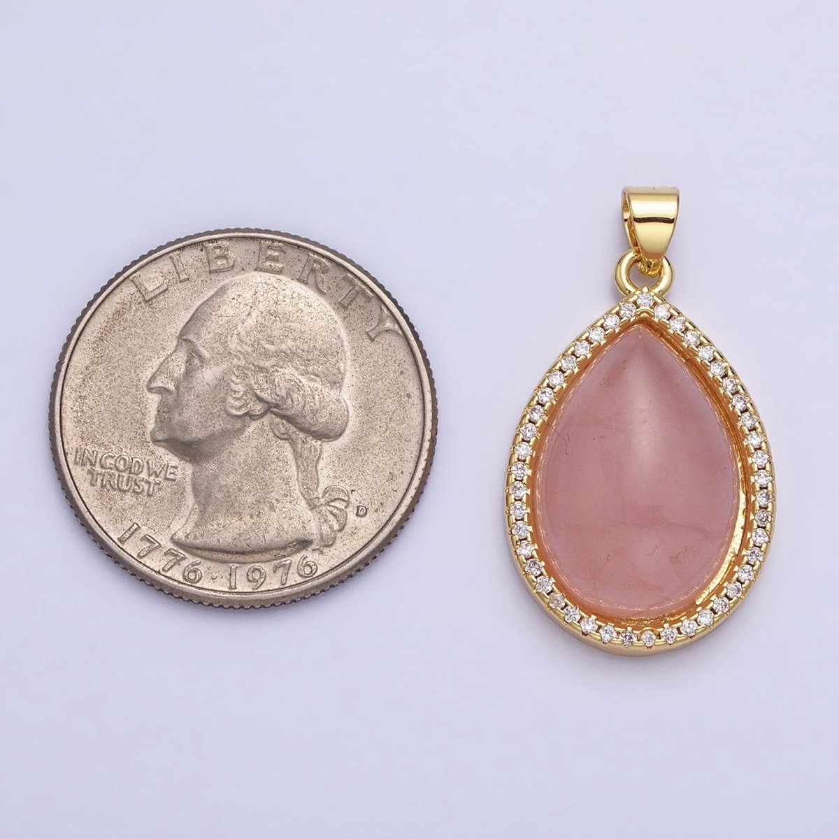 24K Gold Filled 30mm Rose Quartz Natural Gemstone Teardrop Micro Paved CZ Pendant | AA340 - DLUXCA